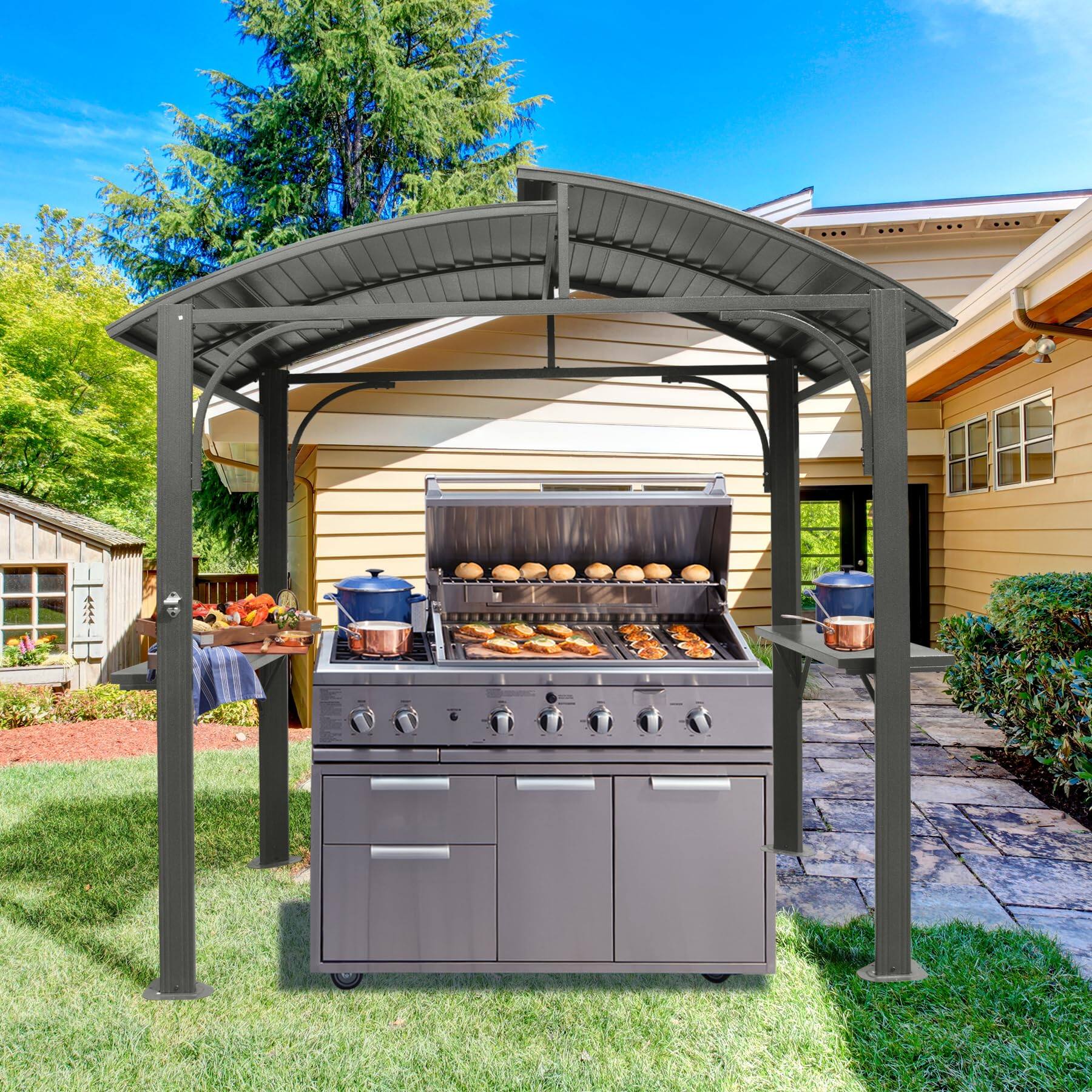 Angle. Mondawe - 8' X 5' Grill Gazebo with Double Steel Roof and Side Shelves - Grey.