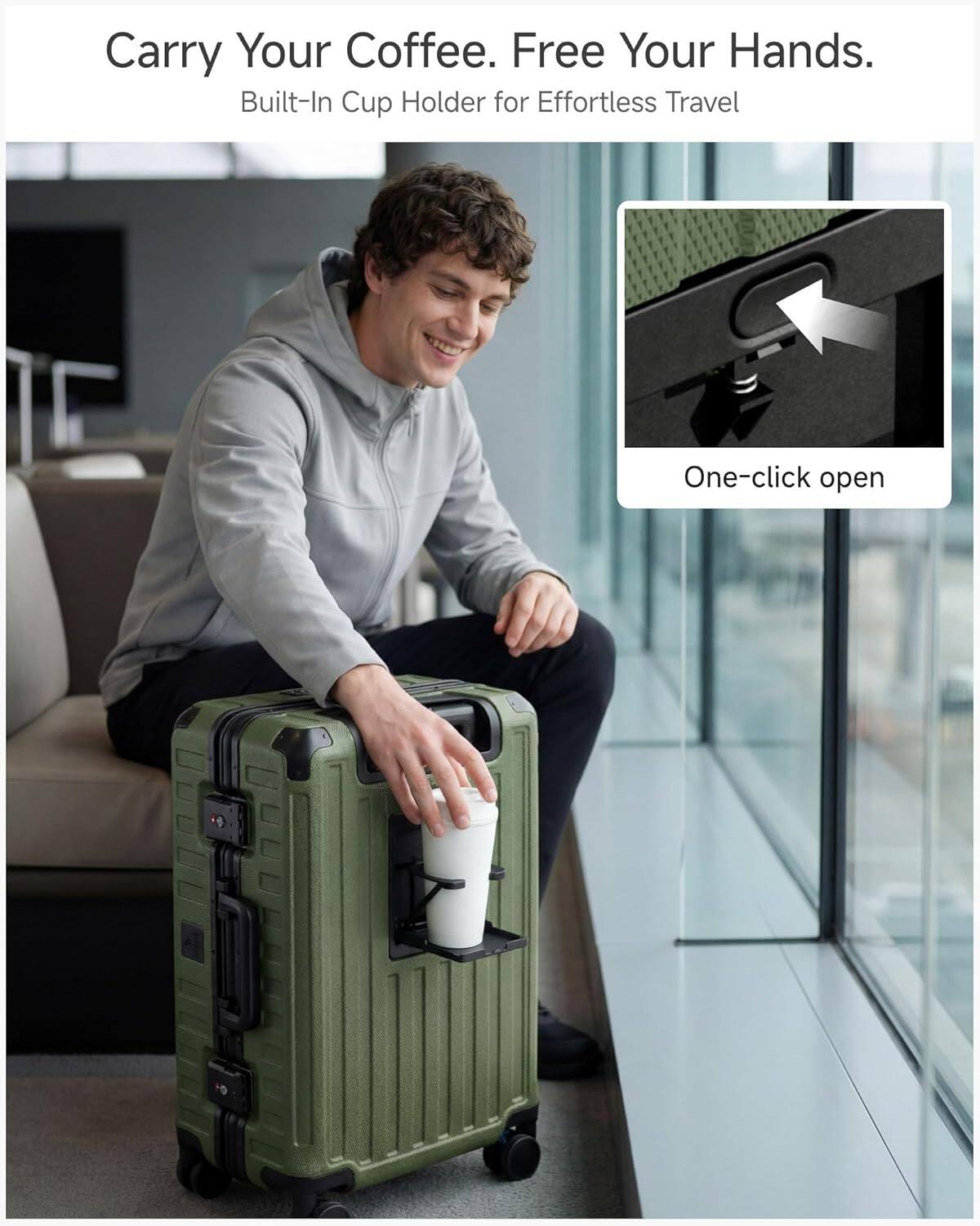Carry Your Coffee. Free Your Hands.  
Built-In Cup Holder for Effortless Travel  
One-click open