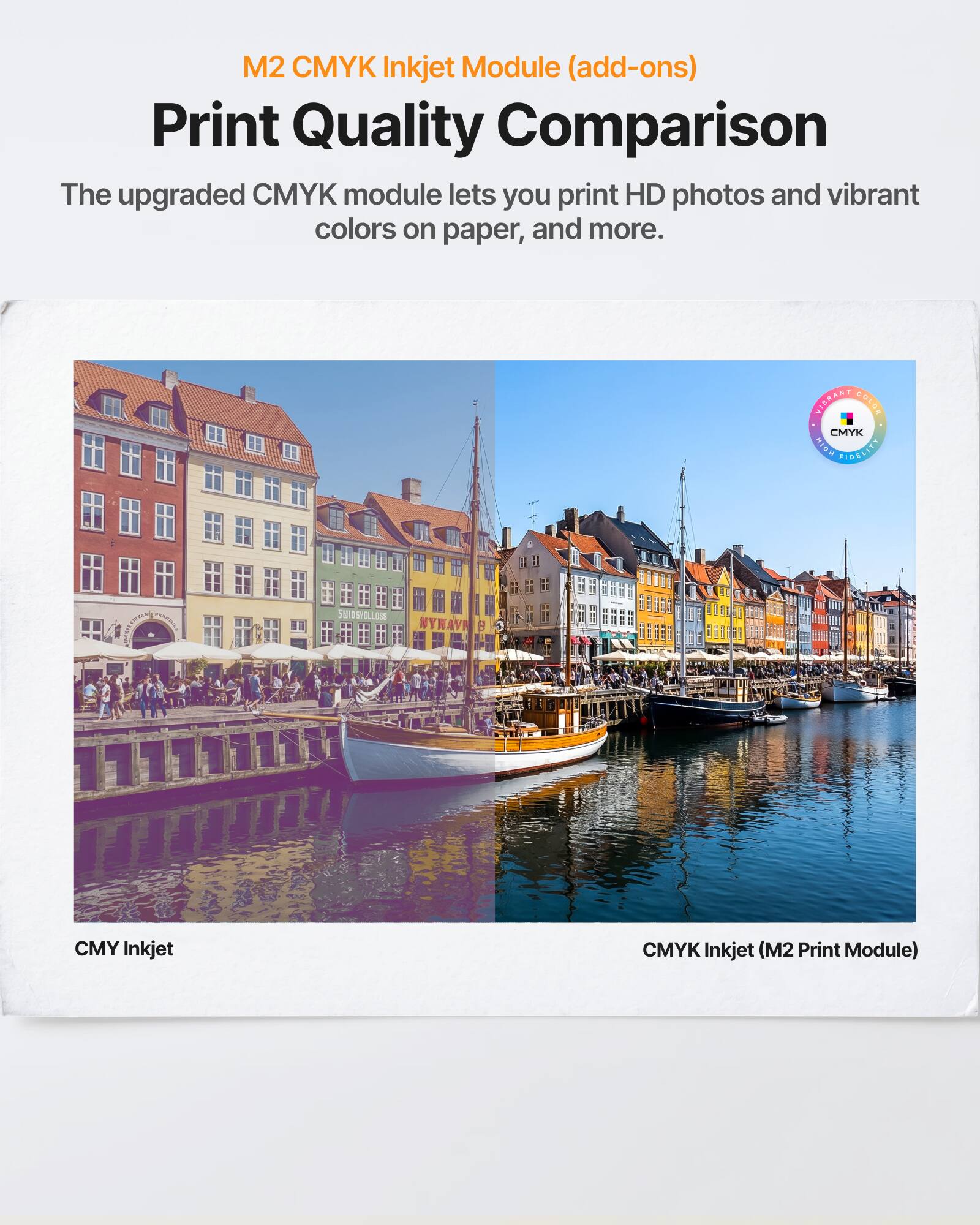 M2 CMYK Inkjet Module (add-ons)  
Print Quality Comparison  

The upgraded CMYK module lets you print HD photos and vibrant colors on paper, and more.  

CMY Inkjet  
CMYK Inkjet (M2 Print Module)