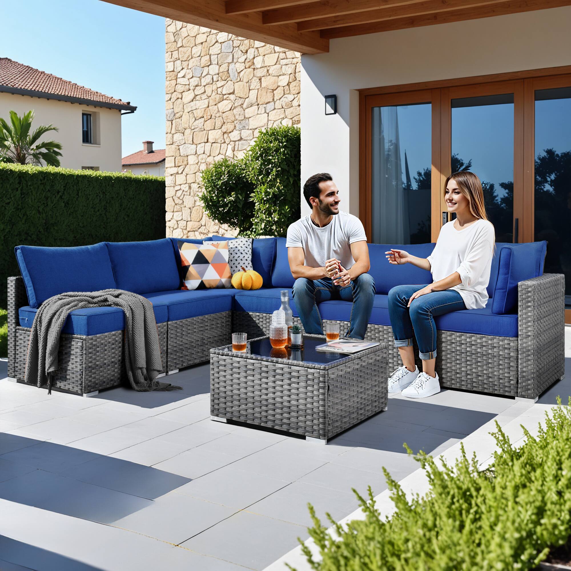 Alt View 2. Ovios - 7 PCS Patio Furniture Outdoor Sofa Sets with Wicker, Cushions and Coffee Table for Garden, Backyard and Balcony - Navy Blue.