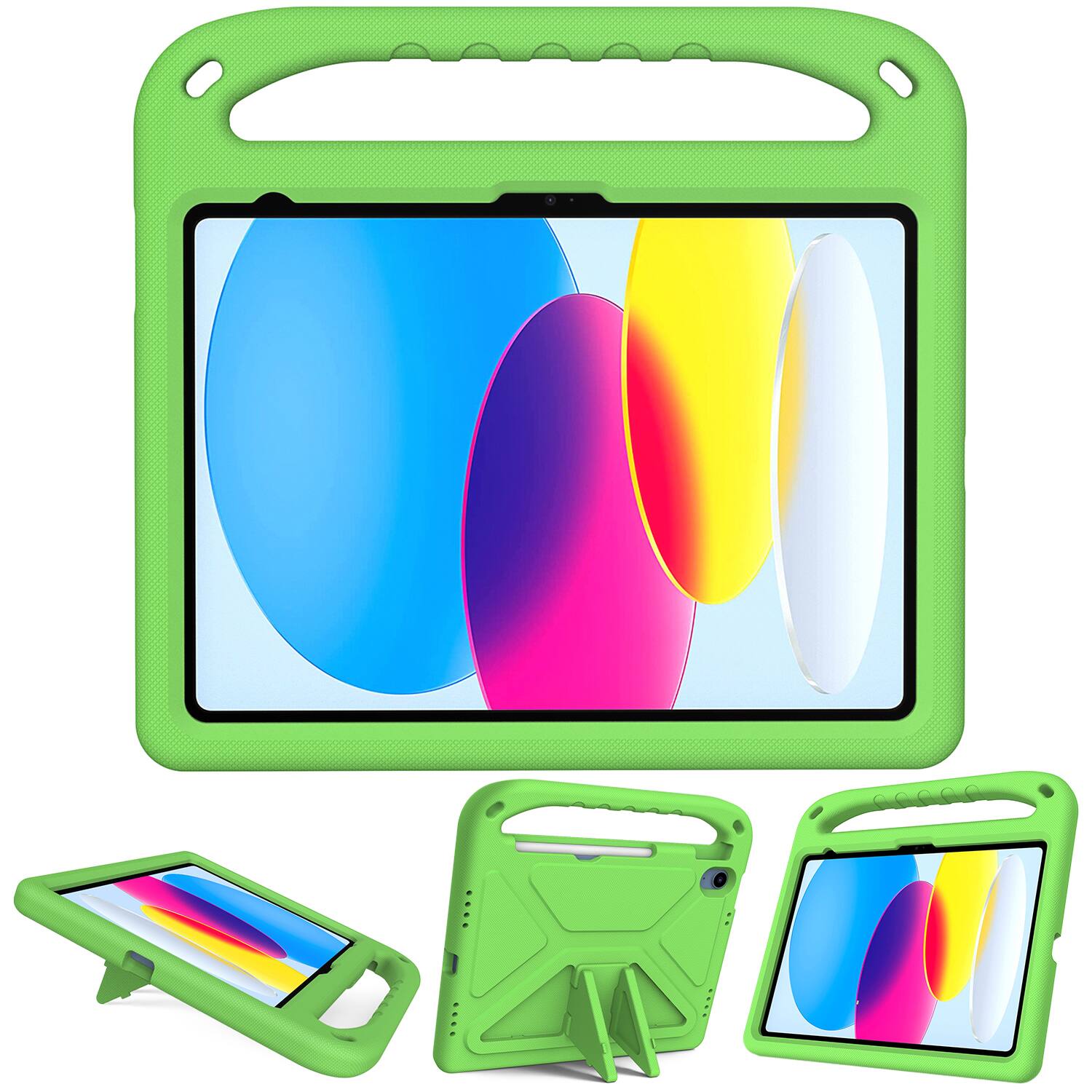 Angle. Dteck - For Apple iPad (A16) 11" 2025/iPad 10th 2022 Rugged Case Kids Friendly EVA Handle Grip Pencil Holder Kickstand Cover - Green.
