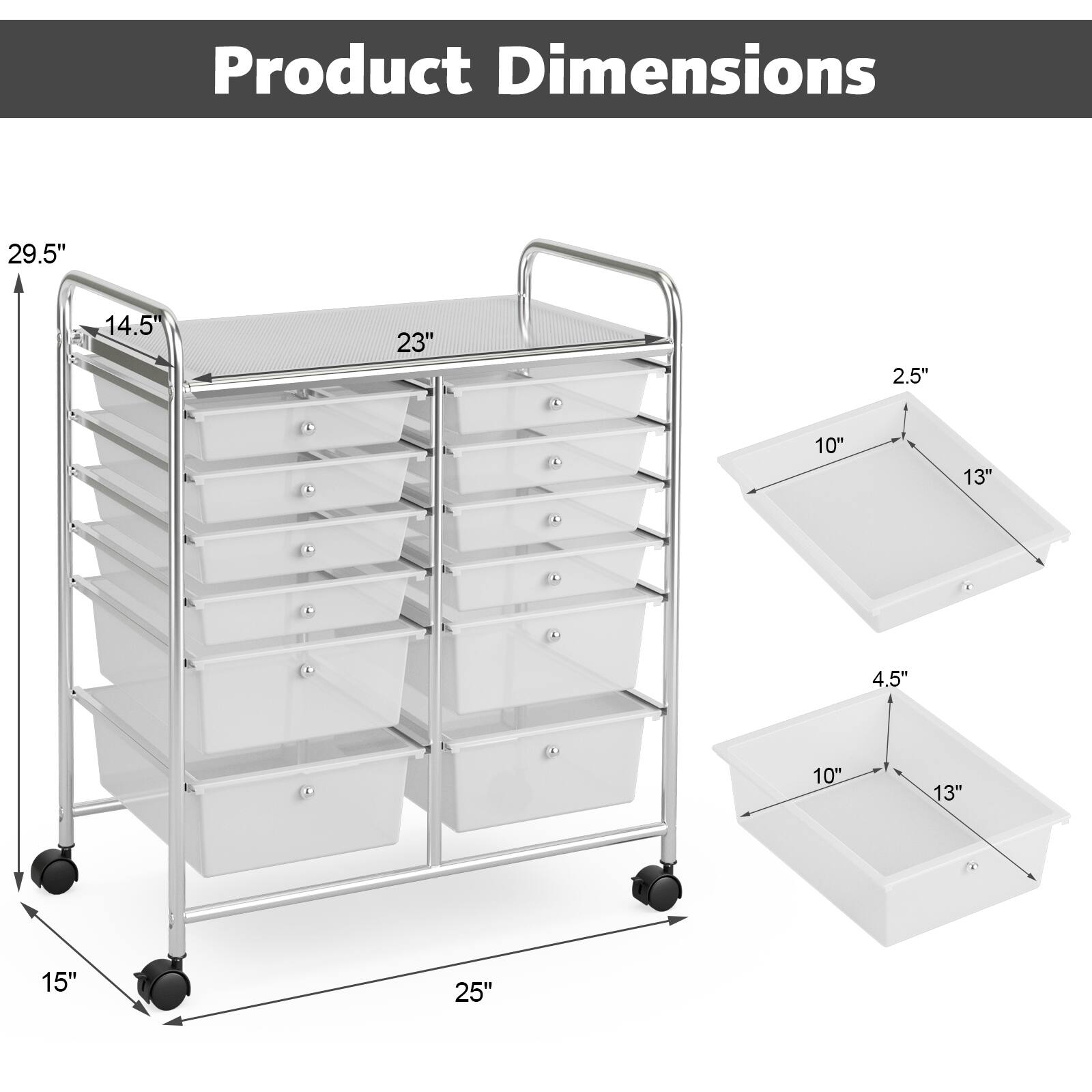 Product Dimensions: 29.5" x 14.5" x 23" x 2.5" x 10" x 13" x 4.5" x 10" x 13" x 15" x 25".