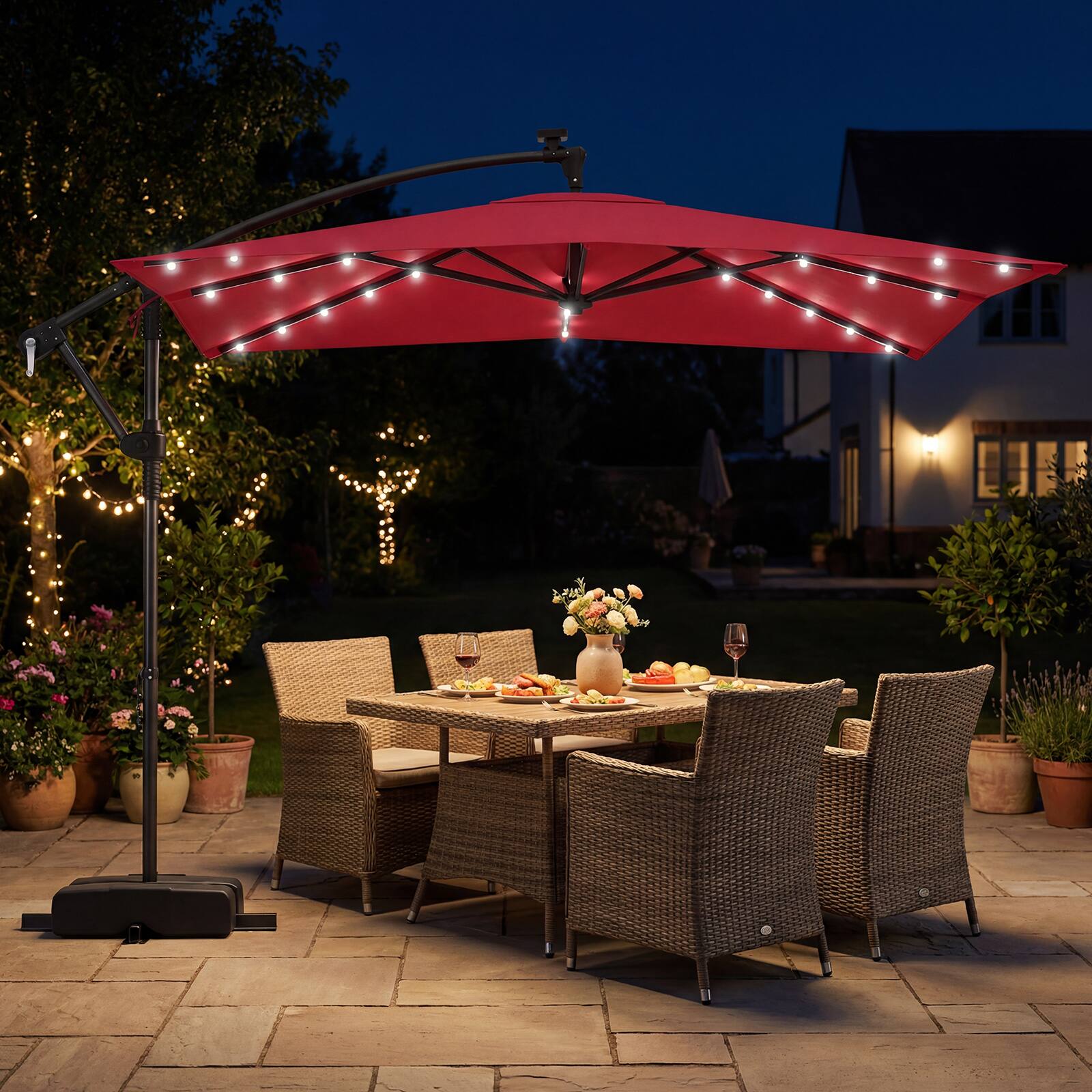 Alt View 1. Costway - Costway 8 x 8 FT Solar LED Offset Cantilever Patio Umbrella with 360° Rotation, Crank - Red.