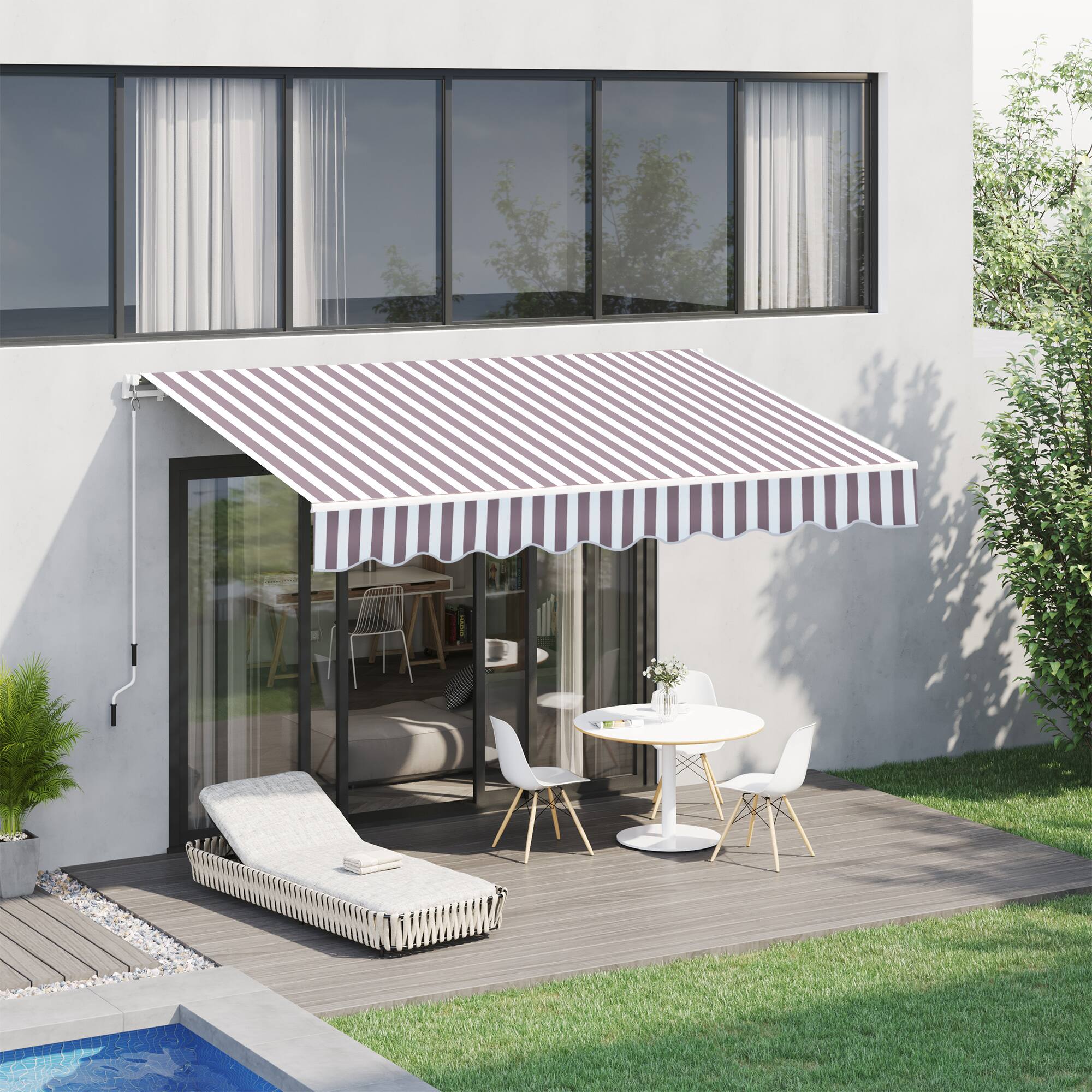 Alt View 1. Outsunny - 10' x 8' Retractable Awning, Patio Awnings, Sunshade Shelter w/ Manual Crank Handle, UV & Water-Resistant Fabric - Coffee Stripes.