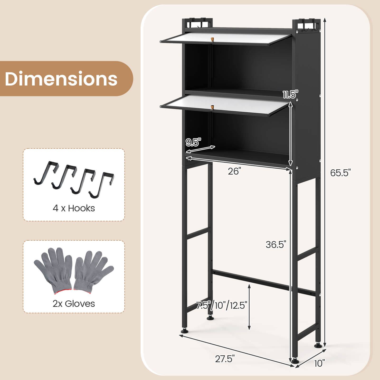 Dimensions: 11.5" x 9.5" x 26" x 65.5" x 36.5" x 27.5" x 10"  
4 x Hooks  
2x Gloves
