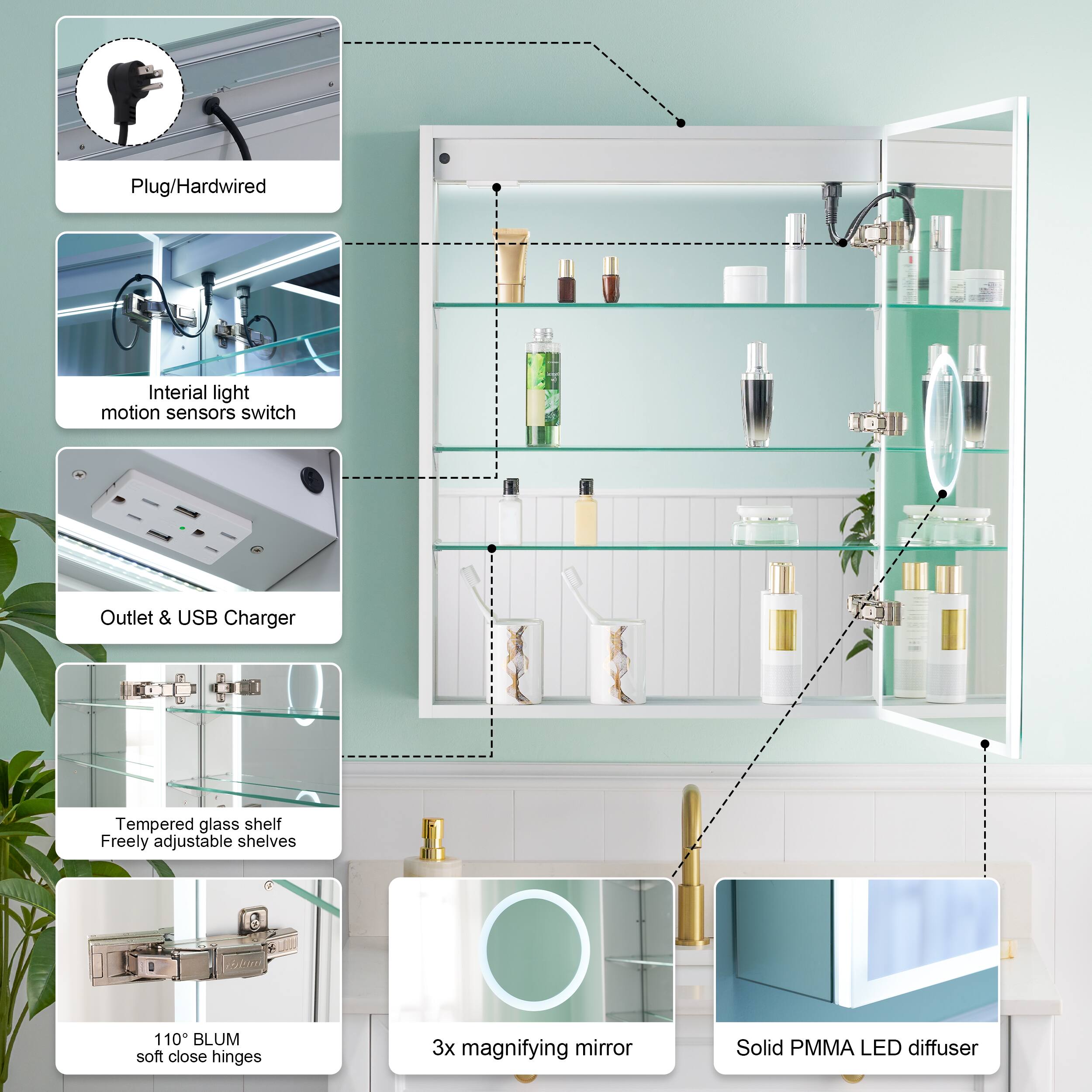 Plug/Hardwired  
Inertial light motion sensors switch  
Outlet & USB Charger  
1 Tempered glass shelf  
Freely adjustable shelves  
110° BLUM soft close hinges  
3x magnifying mirror  
Solid PMMA LED diffuser