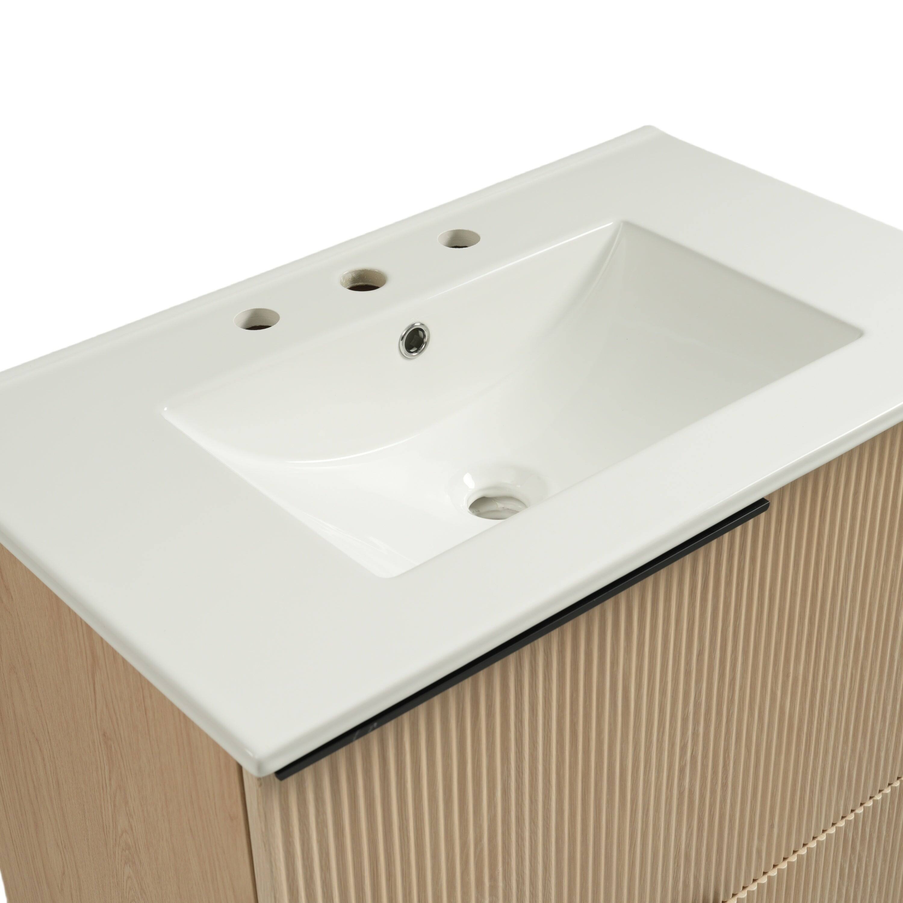 Alt View 7. Boyel Living - 30 Inch Bathroom Vanity with Ceramic Sink Full Extension Drawers Soft Close Fluted Design Natural - Natural.