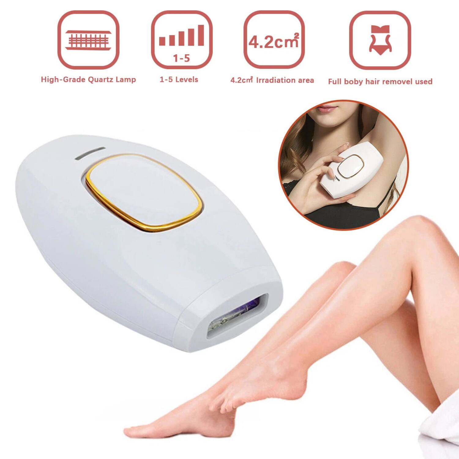 1-5 Levels  
High-Grade Quartz Lamp  
4.2cm² Irradiation area  
Full body hair removal used