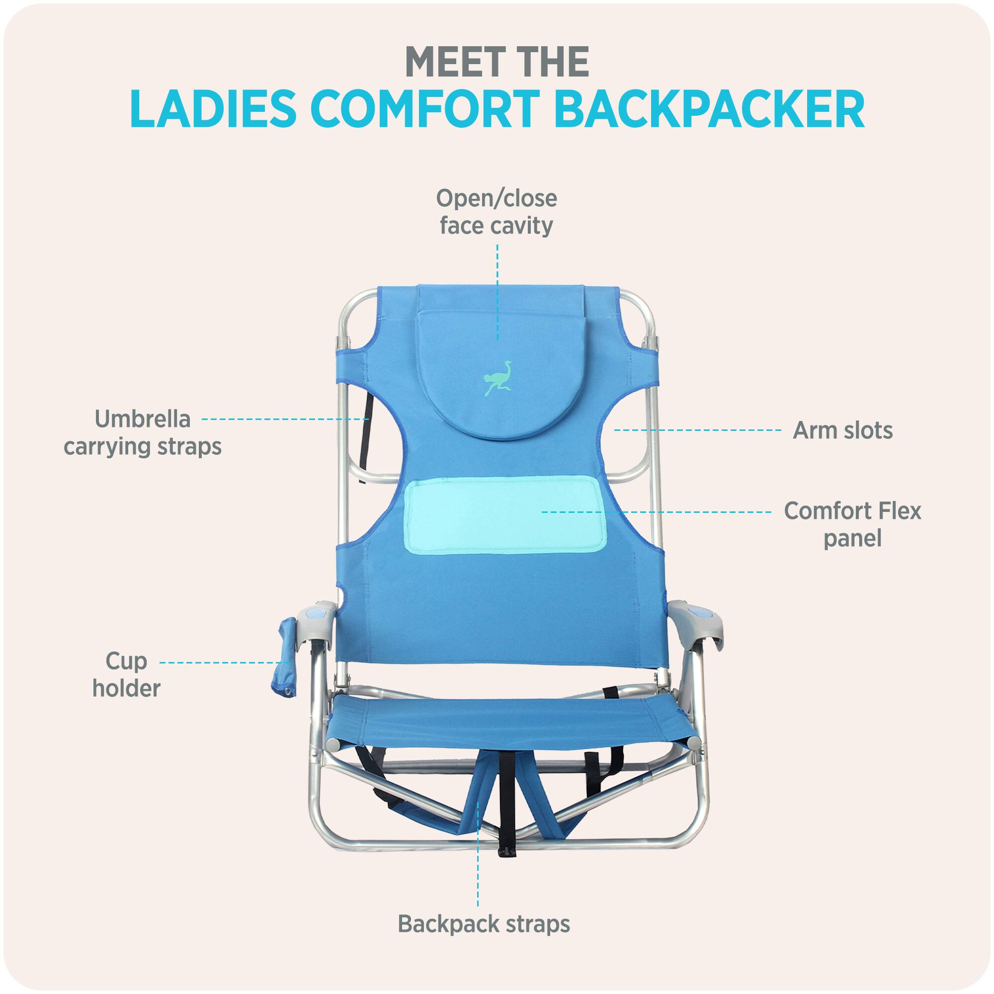 MEET THE LADIES COMFORT BACKPACKER

- Open/close face cavity
- Umbrella carrying straps
- Arm slots
- Comfort Flex panel
- Cup holder
- Backpack straps