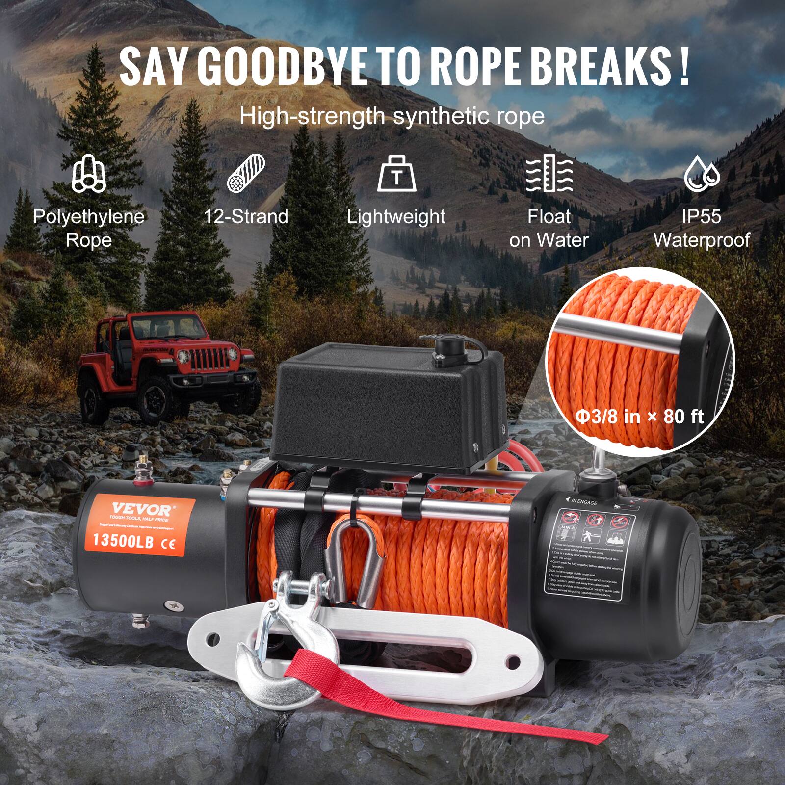 SAY GOODBYE TO ROPE BREAKS! High-strength synthetic rope T Polyethylene Rope 12-Strand Lightweight Float on Water IP55 Waterproof 3/8 in x 80 ft VEVOR 13500LB CE