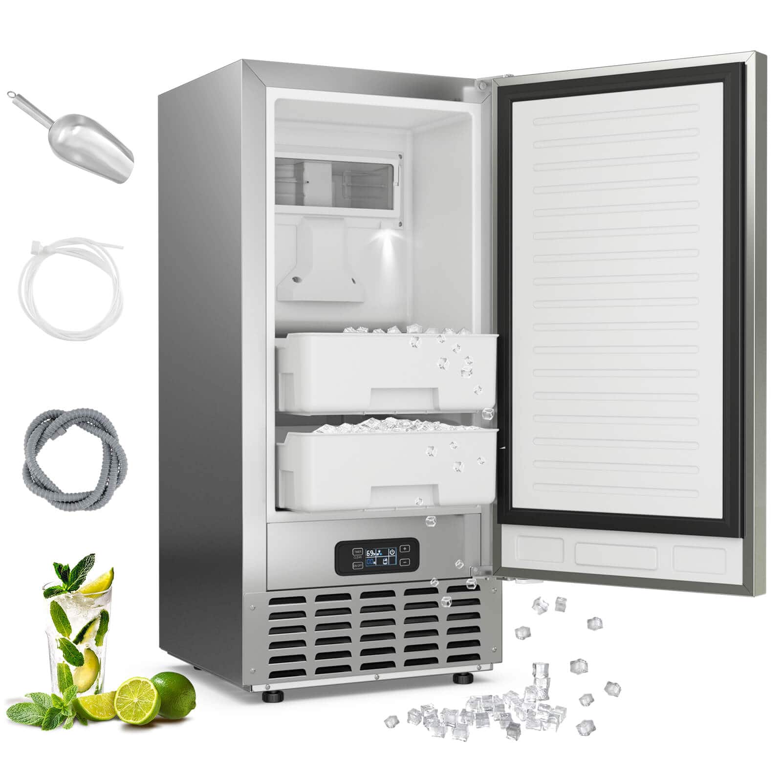 Costway - Under Counter Nugget Ice Maker, Built-in Ice Machine w/Self-Cleaning, LCD Control & 24H Timer, 80 lbs/Day - Silver