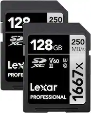 128 GB
250 MB/s
Lexar PROFESSIONAL
XC II
V60
1667x