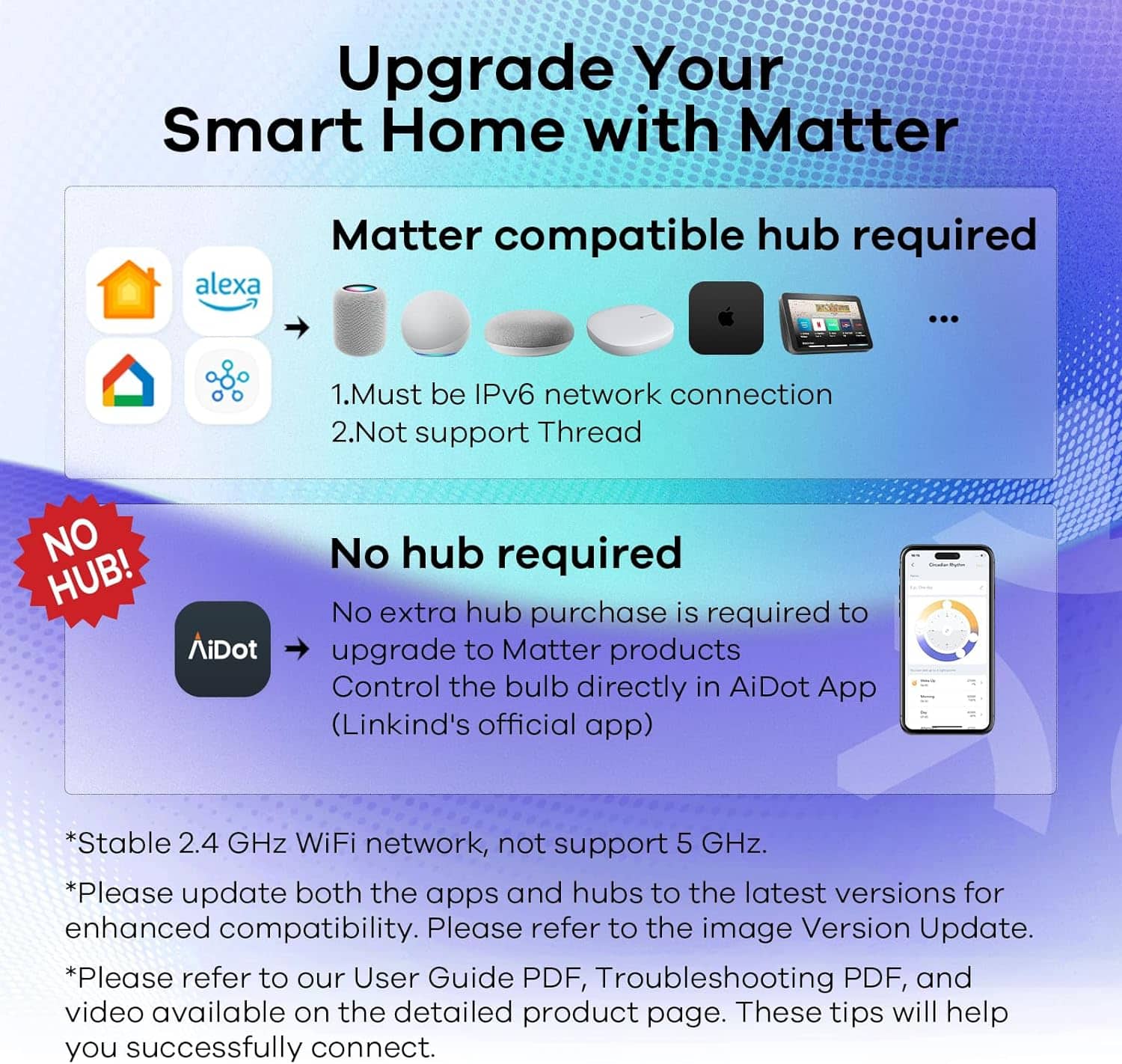 Upgrade Your Smart Home with Matter
* Matter compatible hub required
* Must be IPv6 network connection
* No support for Thread
* No extra hub purchase needed to upgrade to Matter products
* Control the bulb directly in AiDot App (Linkind's official app)
* Stable 2.4 GHz WiFi network, not support 5 GHz
* Please update both the apps and hubs to the latest versions for enhanced compatibility
* Please refer to our User Guide PDF, Troubleshooting PDF, and video available on the detailed product page. These tips will help you successfully connect.