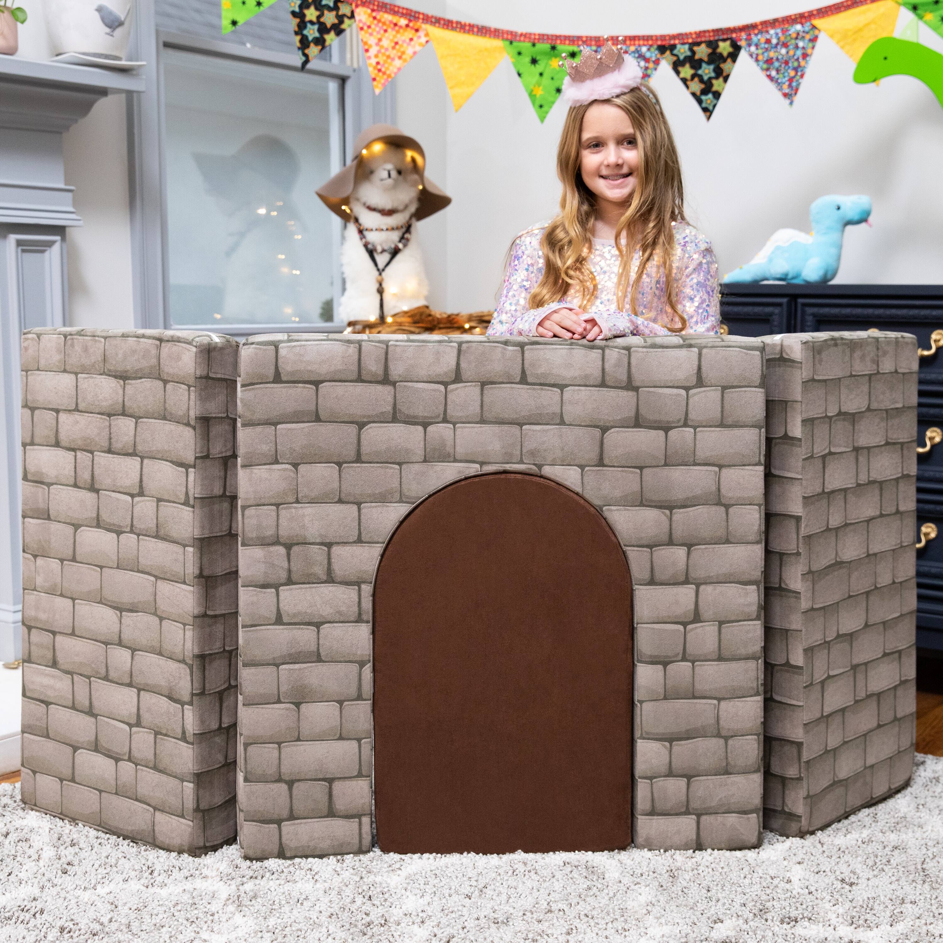 Angle. Jaxx - Jaxx Zipline Playscape Castle Gate - Modular Playtime Furniture for Imaginative Kids - Prints, Stone/Chocolate - Stone/Chocolate.