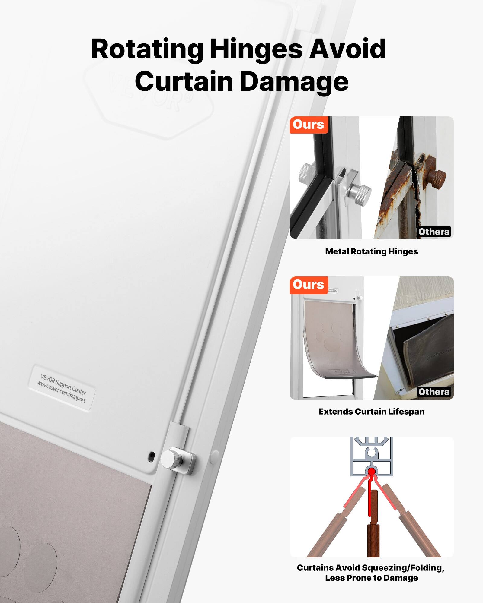 Rotating Hinges Avoid Curtain Damage

Ours | Others

Metal Rotating Hinges

Ours | Others

Extends Curtain Lifespan

Curtains Avoid Squeezing/Folding, Less Prone to Damage

VEVOR Support Center
www.vevor.com/support