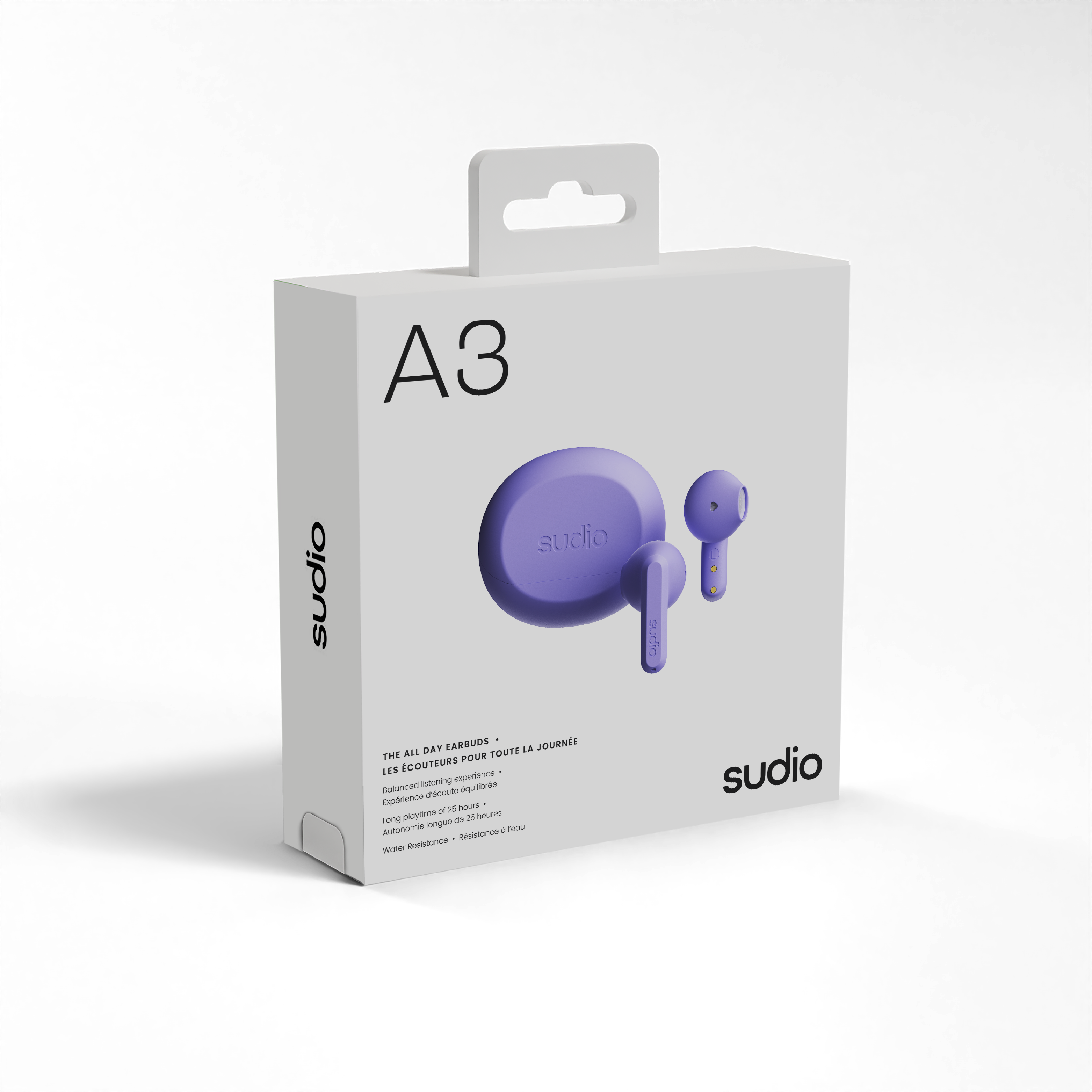 A3 studio  
studio DAY EARBUDS  
LA JOURNÉE  
LES ÉCOUTEURS POUR TOUTE LA JOURNÉE  
Balanced sound experience  
Bonne qualité sonore équilibrée  
Long playtime of 25 hours  
Autonomie longue de 25 heures  
Water Resistance  
Résistance à l'eau  

sudio