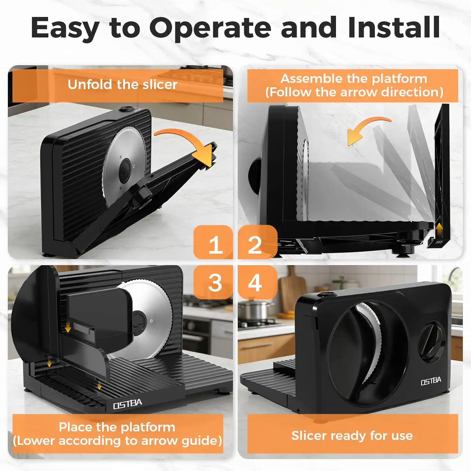 Easy to Operate and Install

1. Unfold the slicer
2. Assemble the platform (Follow the arrow direction)
3. Place the platform (Lower according to arrow guide)
4. Slicer ready for use