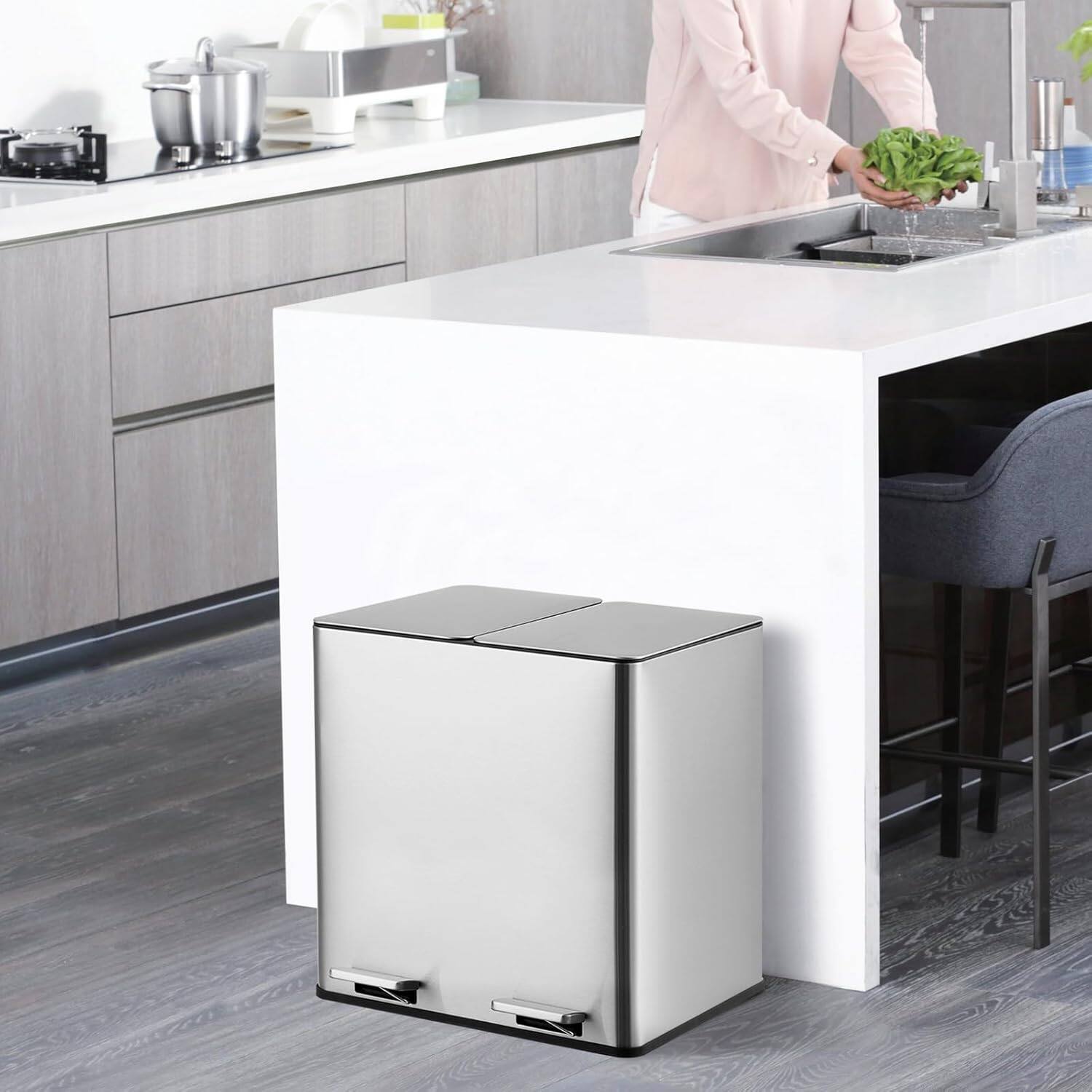 Alt View 3. Homhougo - Kitchen Trash Can, 2x4 Gallon Rectangular Kitchen Waste Bin, Dual Separate Compartment Recycle Bin - Silver.