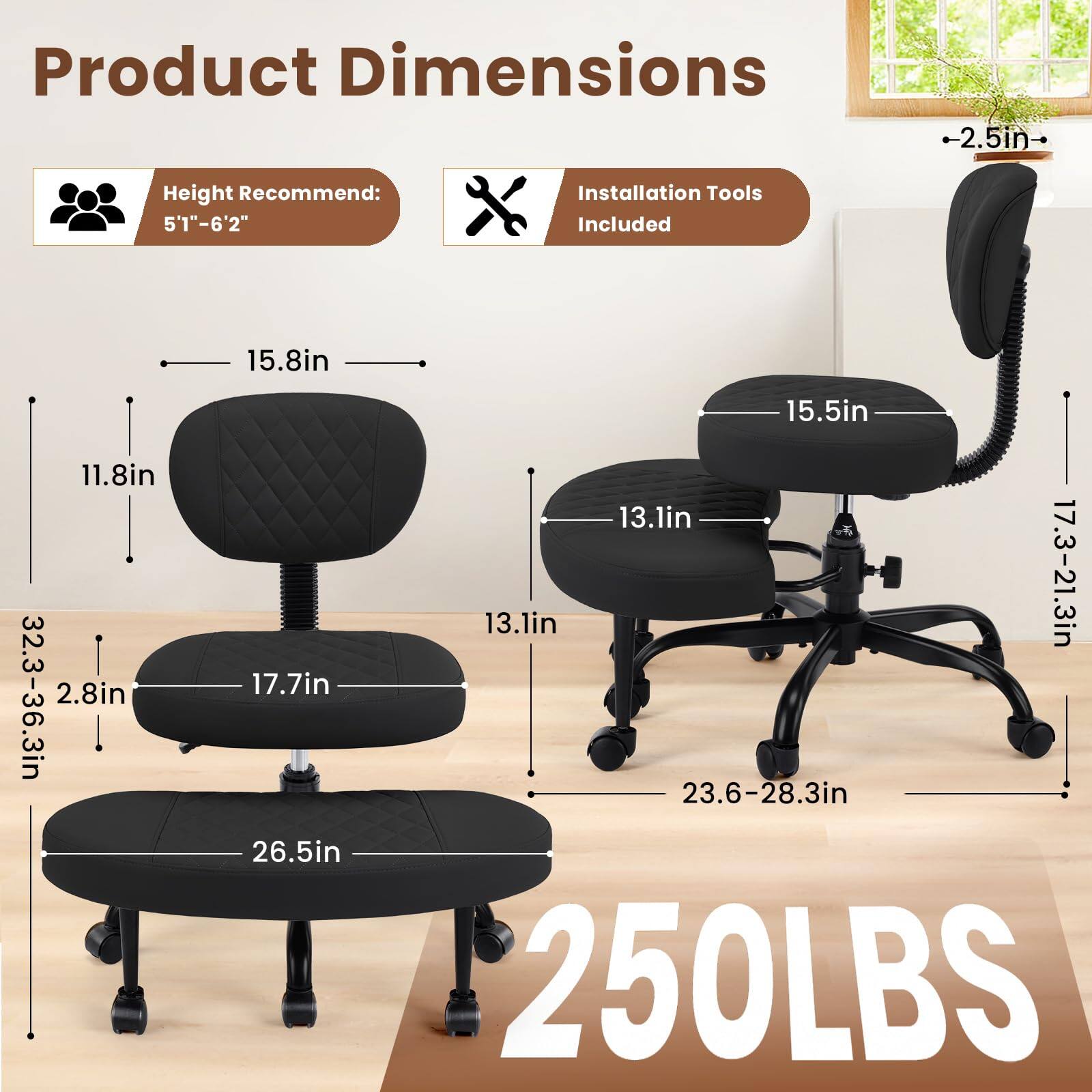 Product Dimensions

Height Recommend: 5'1"-6'2"

Installation Tools Included

- 15.8in
- 11.8in
- 15.5in
- 13.1in
- 13.1in
- 17.7in
- 26.5in
- 2.8in
- 32.3-36.3in
- 17.3-21.3in
- 23.6-28.3in
- 2.5in

250LBS