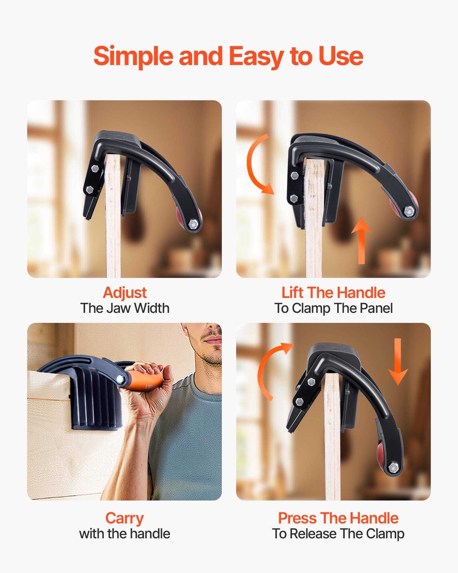 Simple and Easy to Use

- Adjust The Jaw Width
- Lift The Handle To Clamp The Panel
- Carry with the handle
- Press The Handle To Release The Clamp
