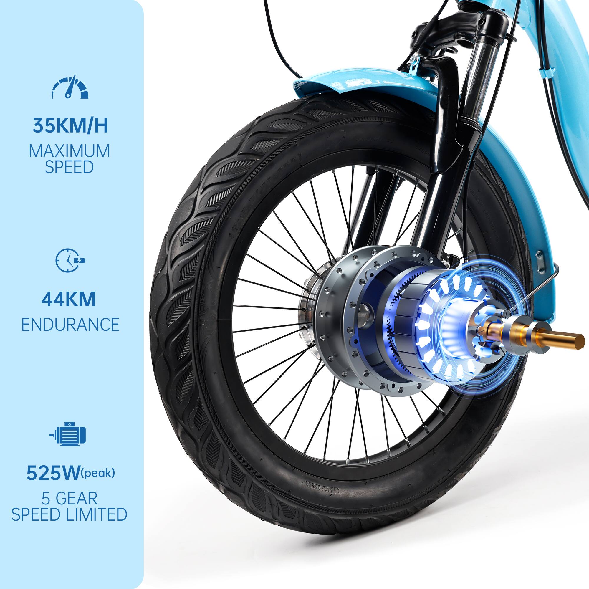 35KM/H
MAXIMUM SPEED
44KM
ENDURANCE
525W (peak)
5 GEAR
SPEED LIMITED