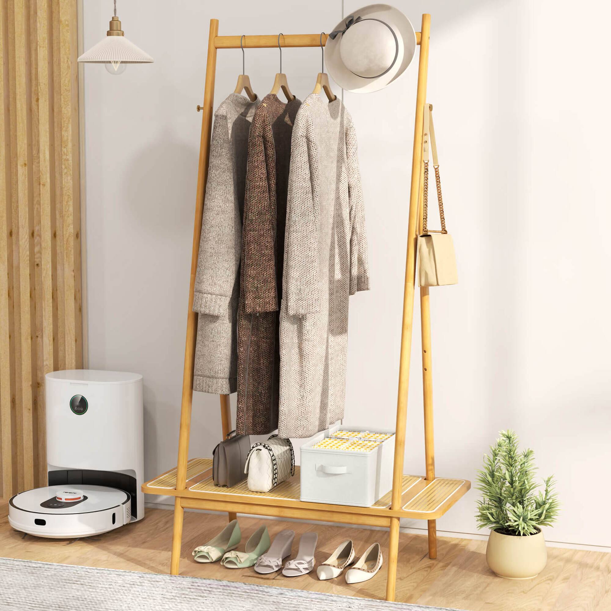 Alt View 5. Costway - Costway Bamboo Clothes Rack Clothing Rack with Hanging Rod Rattan Shelf & 5 Copper Hooks Natural - Natural.