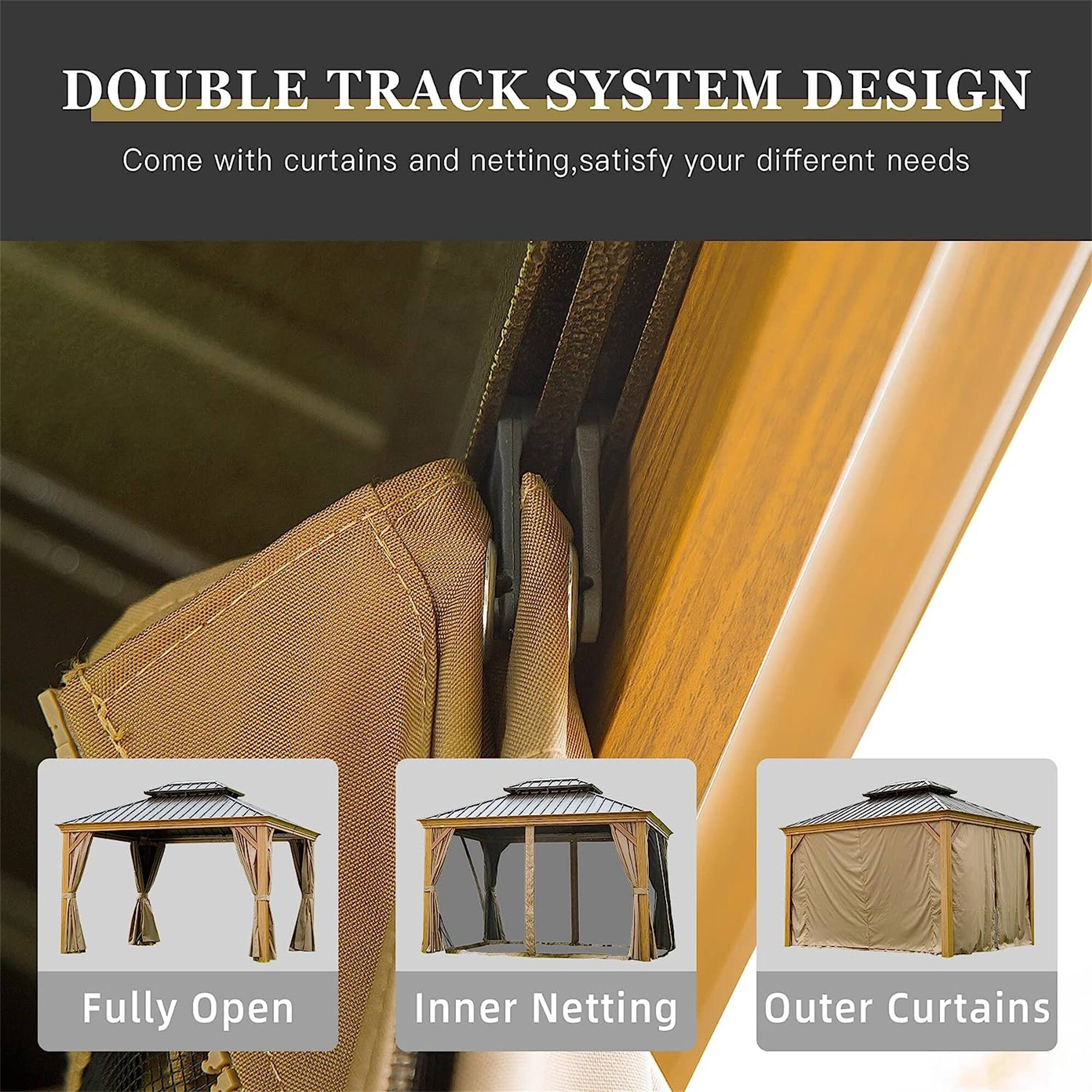 DOUBLE TRACK SYSTEM DESIGN  
Come with curtains and netting, satisfy your different needs  

Fully Open  
Inner Netting  
Outer Curtains