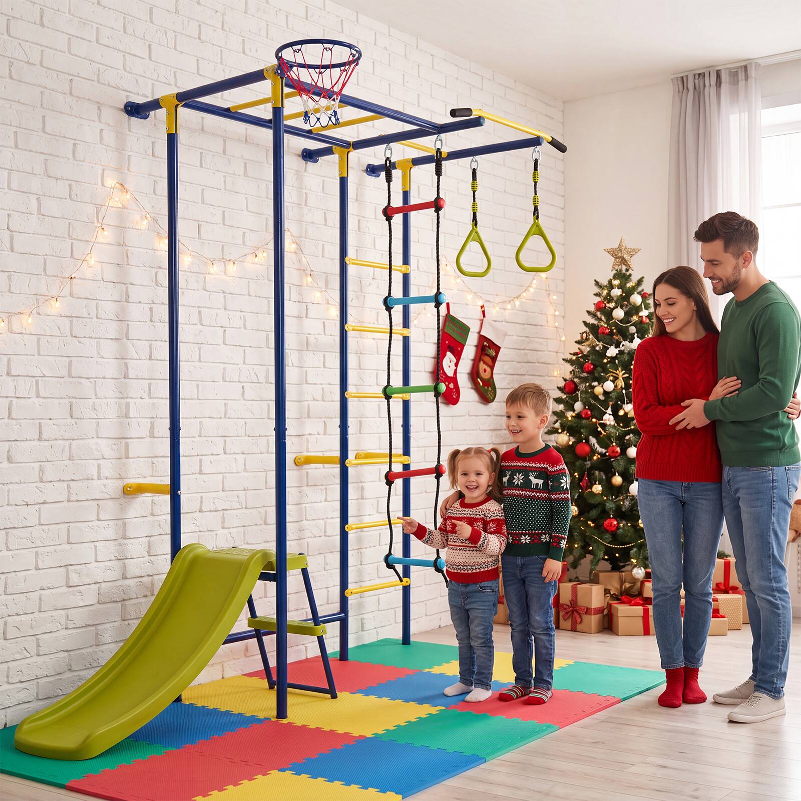 Alt View 1. Costway - Costway 7-in-1 Indoor Jungle Gym for Toddlers, Swedish Ladder Wall Playset with Pull-Up Bar - Green, Blue, Yellow, Red.