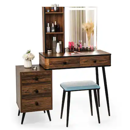Front. SlickBlue - Dressing Table Set with Lighted Mirror and Storage for Beauty Essentials - Brown.