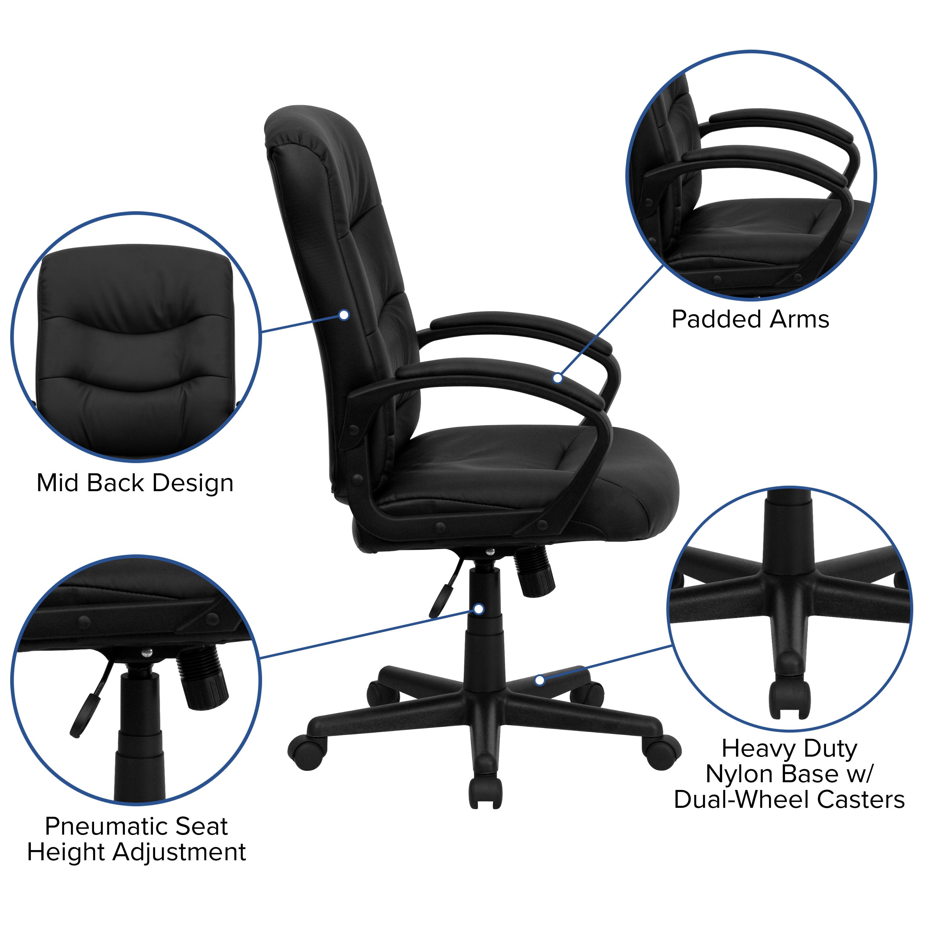Padded Arms  
Mid Back Design  
Pneumatic Seat Height Adjustment  
Heavy Duty Nylon Base w/ Dual-Wheel Casters