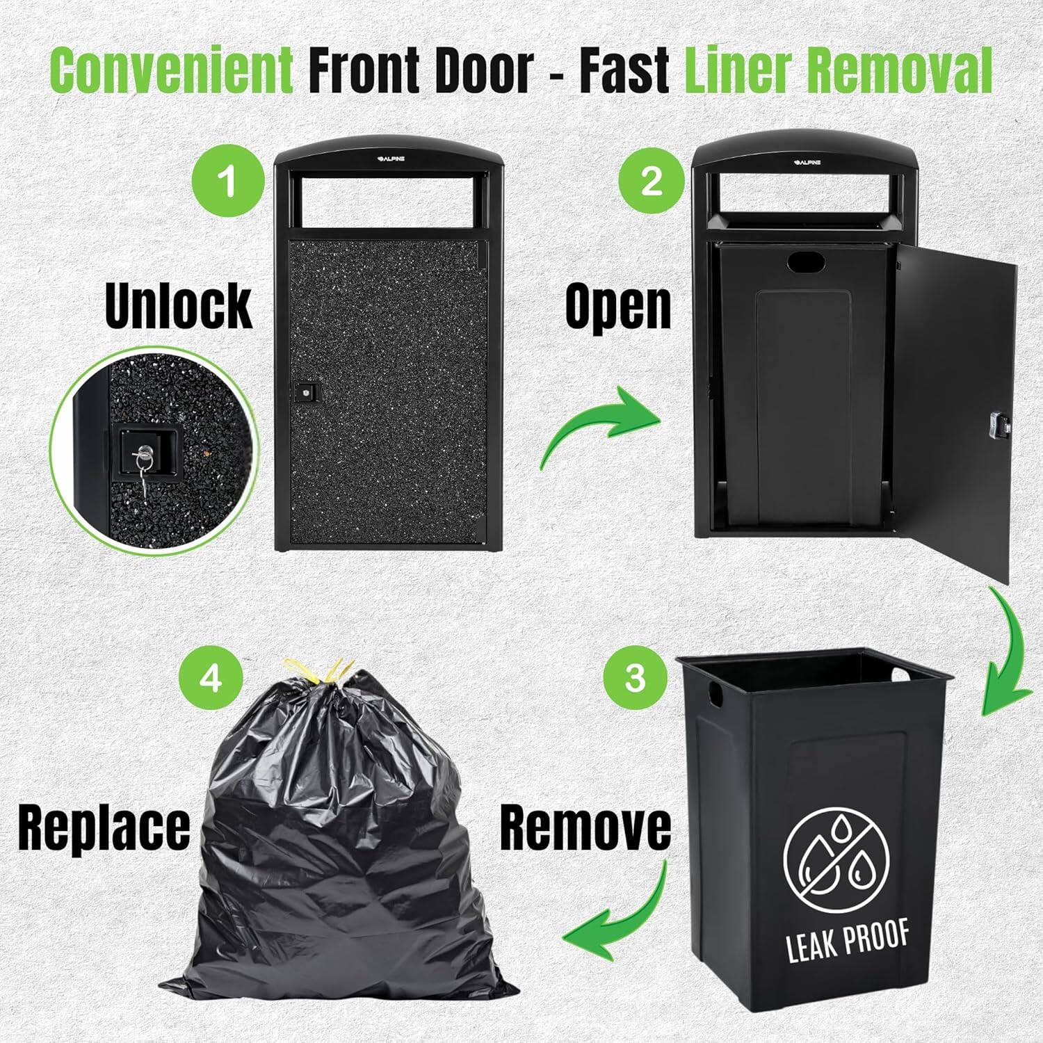 Convenient Front Door - Fast Liner Removal
1. Unlock
2. Open
3. Remove
4. Replace
LEAK PROOF