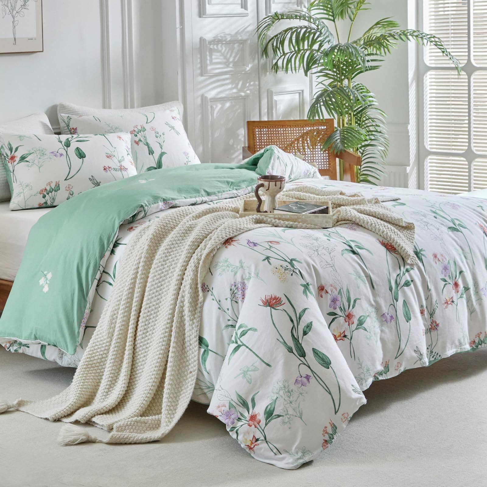 Left. Cedar Assembly - Cotton Duvet Cover Queen Reversible Floral Size 3 Pieces Soft And Breathable Bedding Comforter Set queen - 04 - White Plants (No Comforter)-King (104×90 in.
