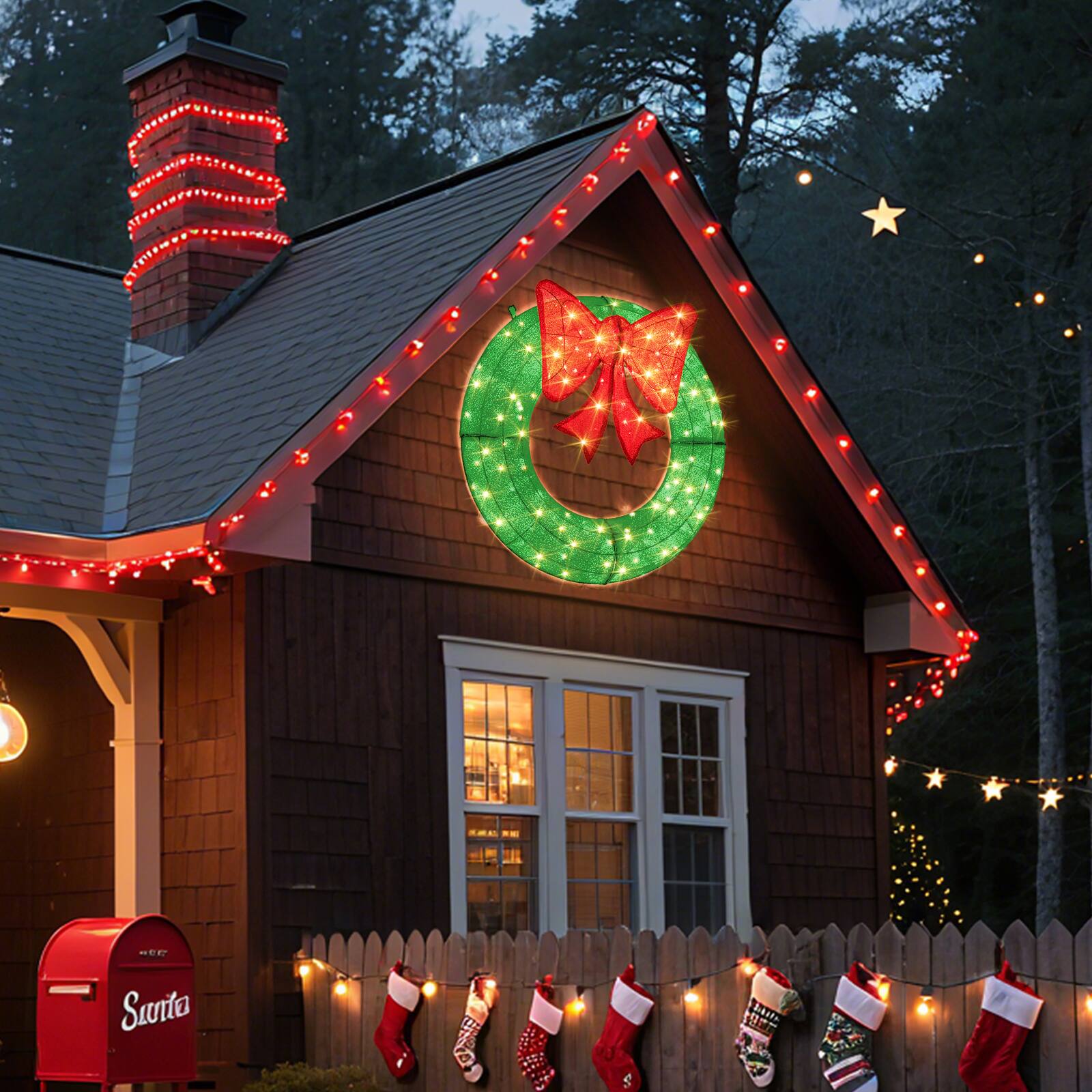 Alt View 9. Gymax - Gymax 48 Inch Pre-Lit Christmas Wreath w/ 200 LED Lights Red Bow Hanging Hooks - Green.