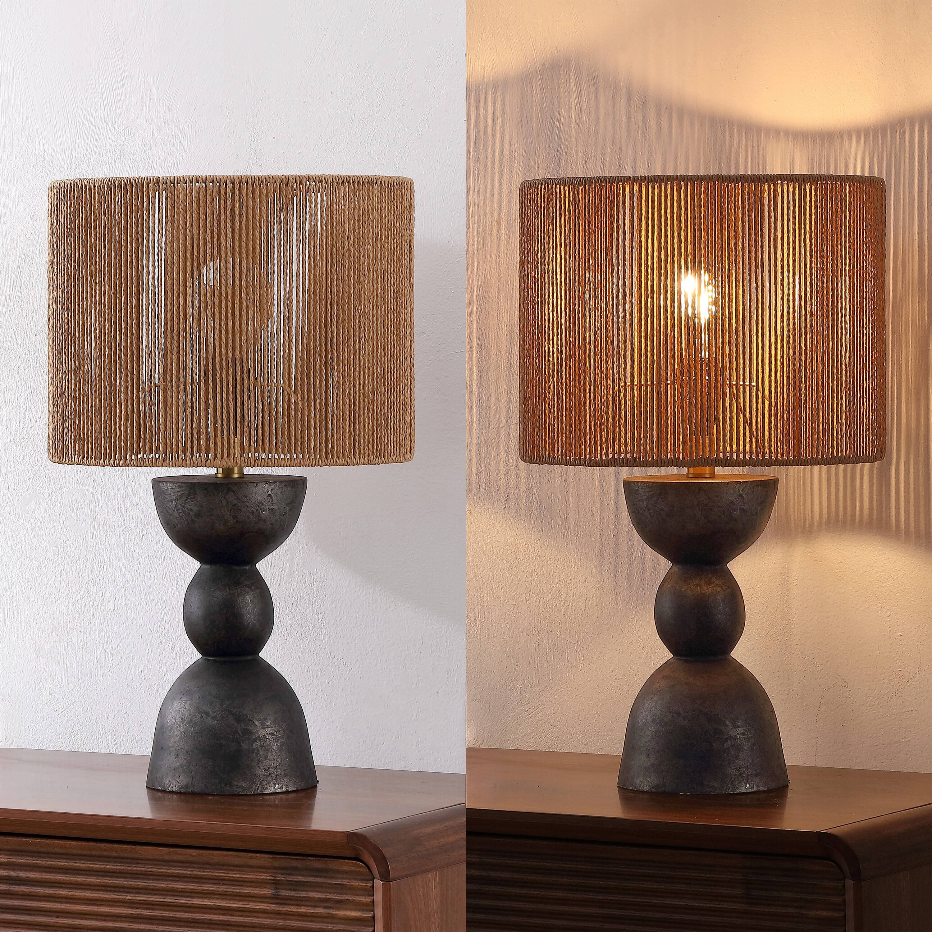 Alt View 6. Jonathan Y - Sherry 22 in. Bohemian Hourglass Totem Resin with Hand-Woven Paper Rope Drum Shade LED Table Lamp, Black (Set of 2) - Black.