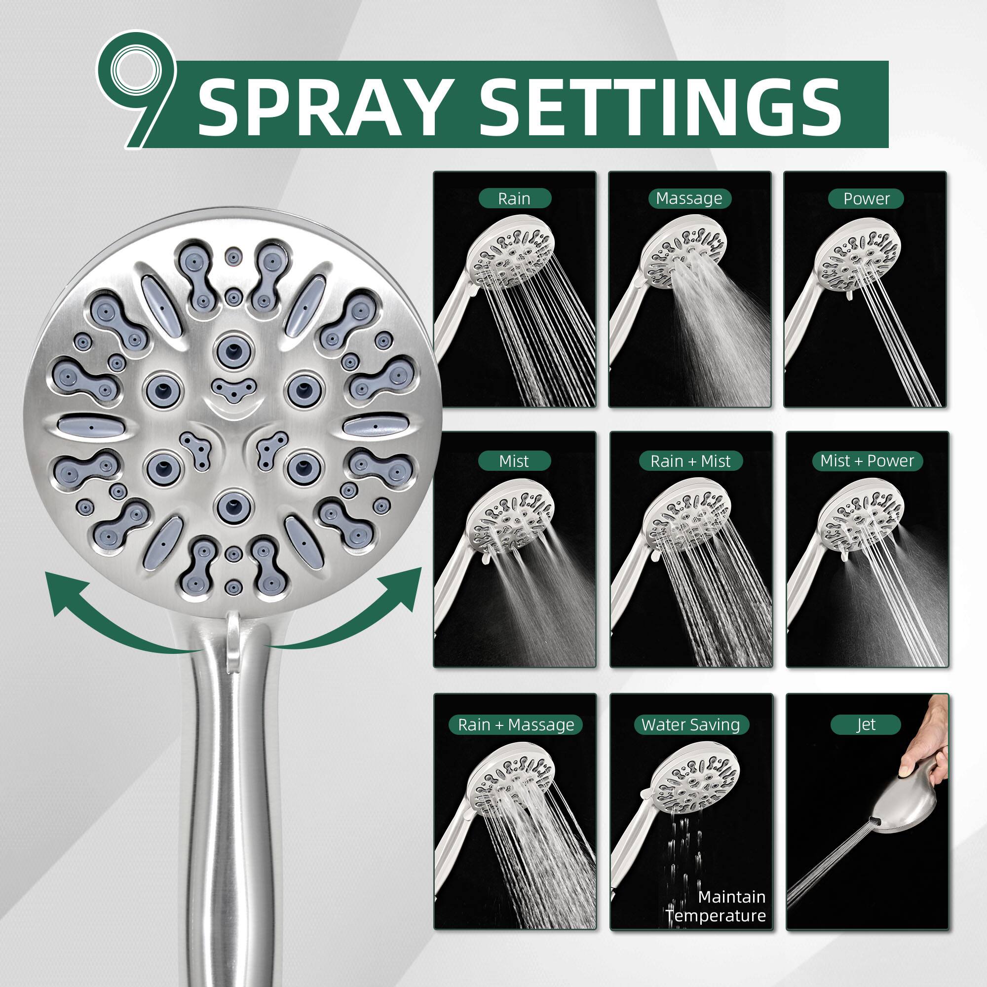 9 SPRAY SETTINGS

- Rain
- Massage
- Power
- Mist
- Rain + Mist
- Mist + Power
- Rain + Massage
- Water Saving
- Jet

Maintain Temperature