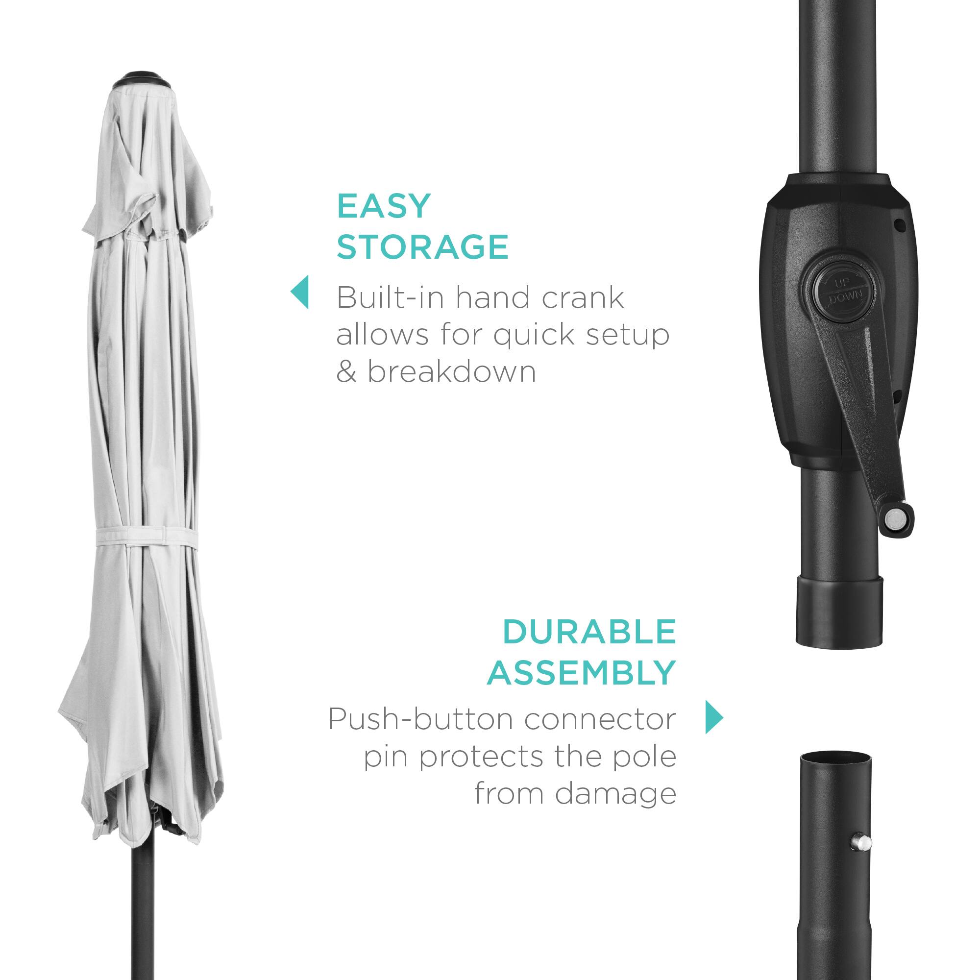 EASY STORAGE  
Built-in hand crank allows for quick setup & breakdown  

DURABLE ASSEMBLY  
Push-button connector pin protects the pole from damage