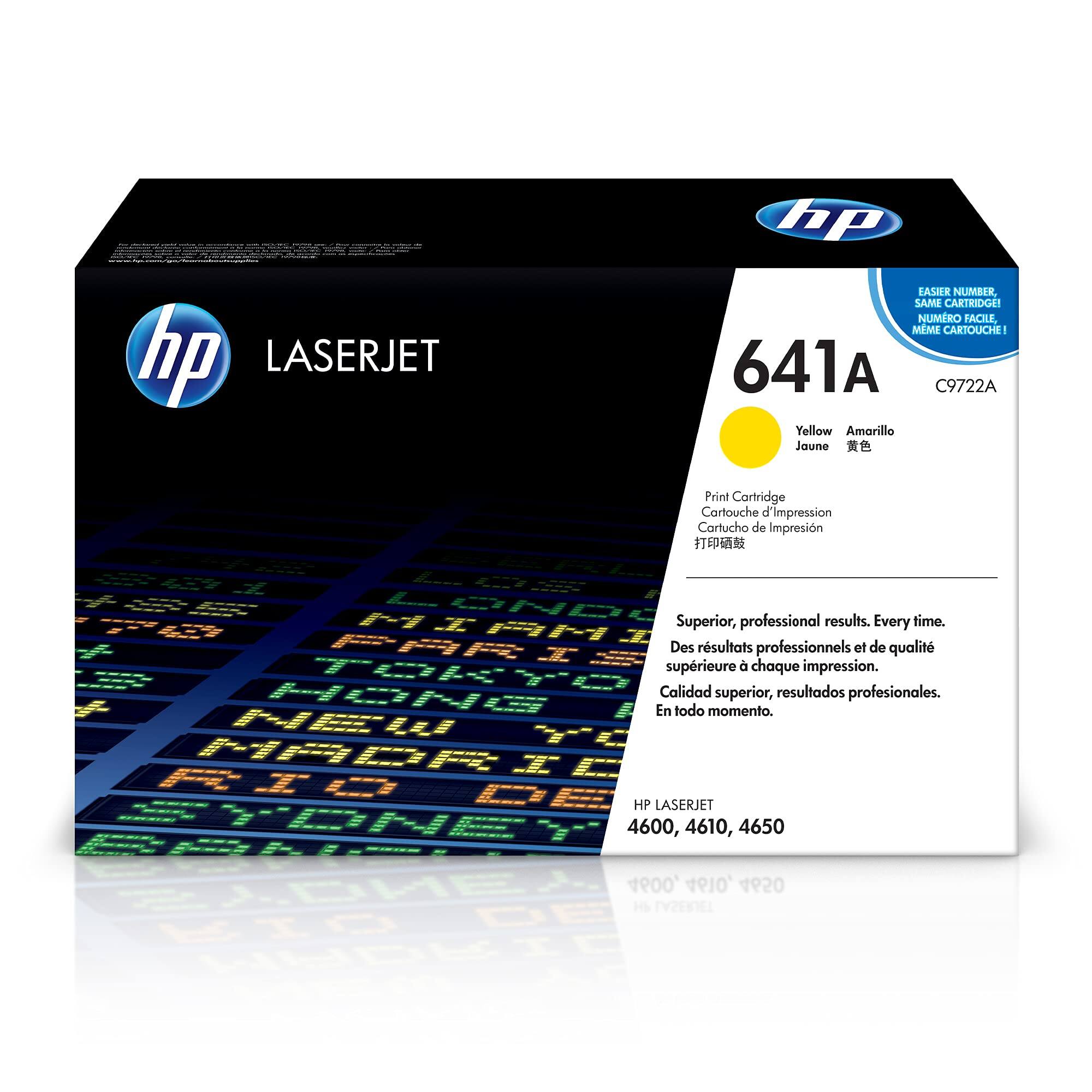 hp LASERJET  
bp LASIER NUMBER, SAME CARTRIDGE! NUMRO FACILE, MME CARTOUCHE!  
- 641A C9722A Yellow Amarillo Jaune  
Print Cartridge Cartouche d'Impression Cartucho de Impresión  
M1 Superior, professional results. Every time.  
x Des résultats professionnels et de qualité supérieure à chaque impression.  
Calidad superior, resultados profesionales.  
p En todo momento.  
HEW TC MACR AIA  
HP LASERJET 4600, 4610, 4650