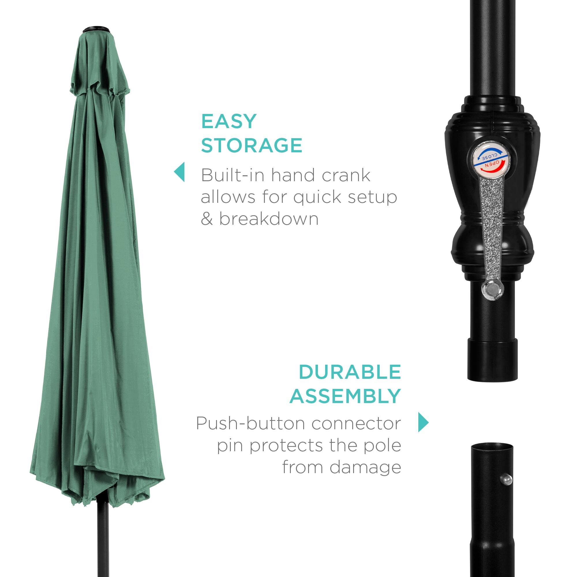 EASY STORAGE  
Built-in hand crank allows for quick setup & breakdown  

DURABLE ASSEMBLY  
Push-button connector pin protects the pole from damage