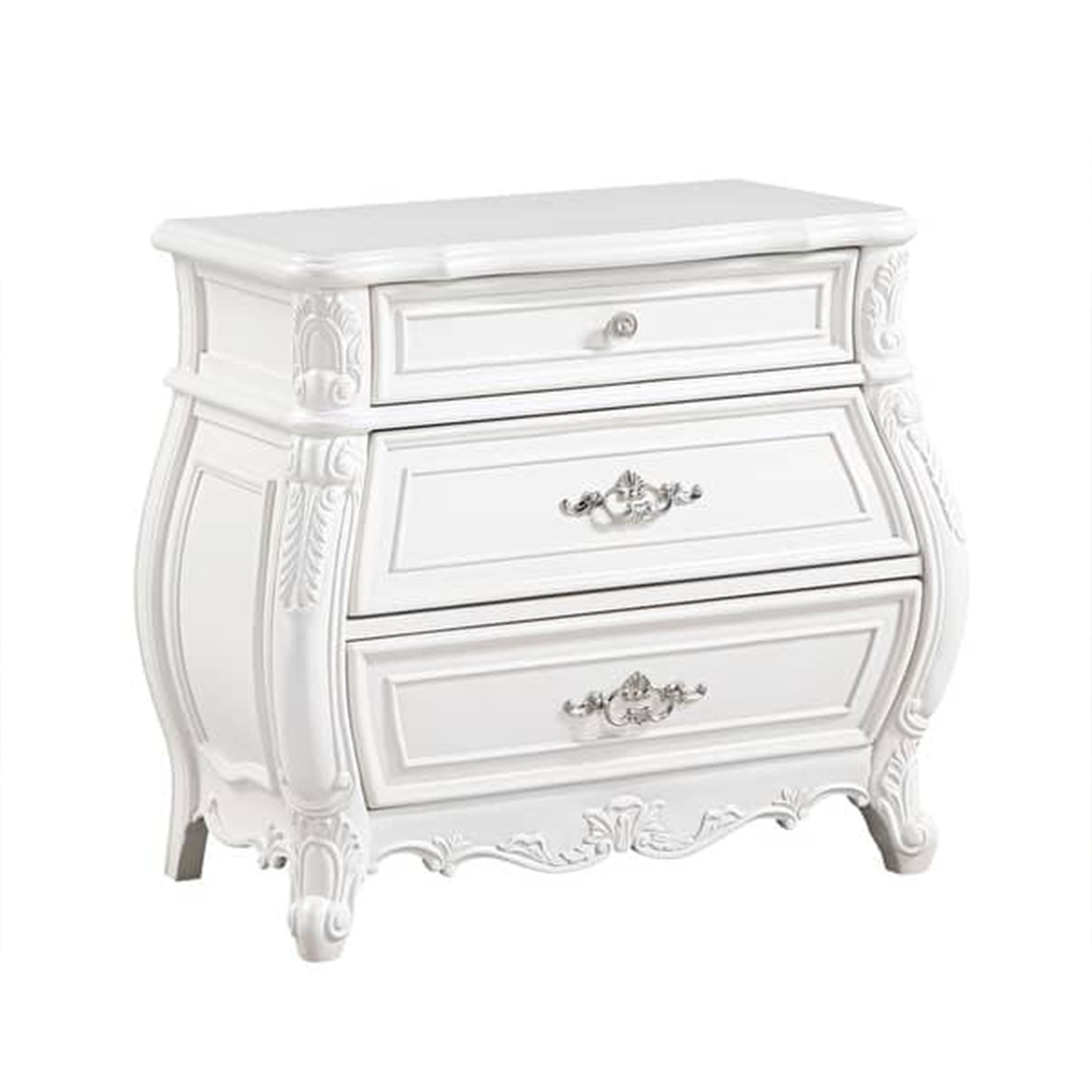 Manhattan Lane - Valena Nightstand, 3 Drawers, White Solid Wood, Metal Handles, 31 Inch - White, Nickel