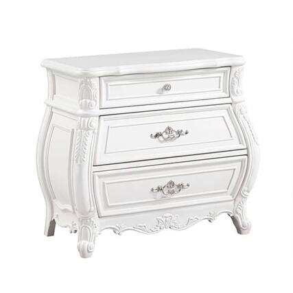 Front. Manhattan Lane - Valena Nightstand, 3 Drawers, White Solid Wood, Metal Handles, 31 Inch - White, Nickel.