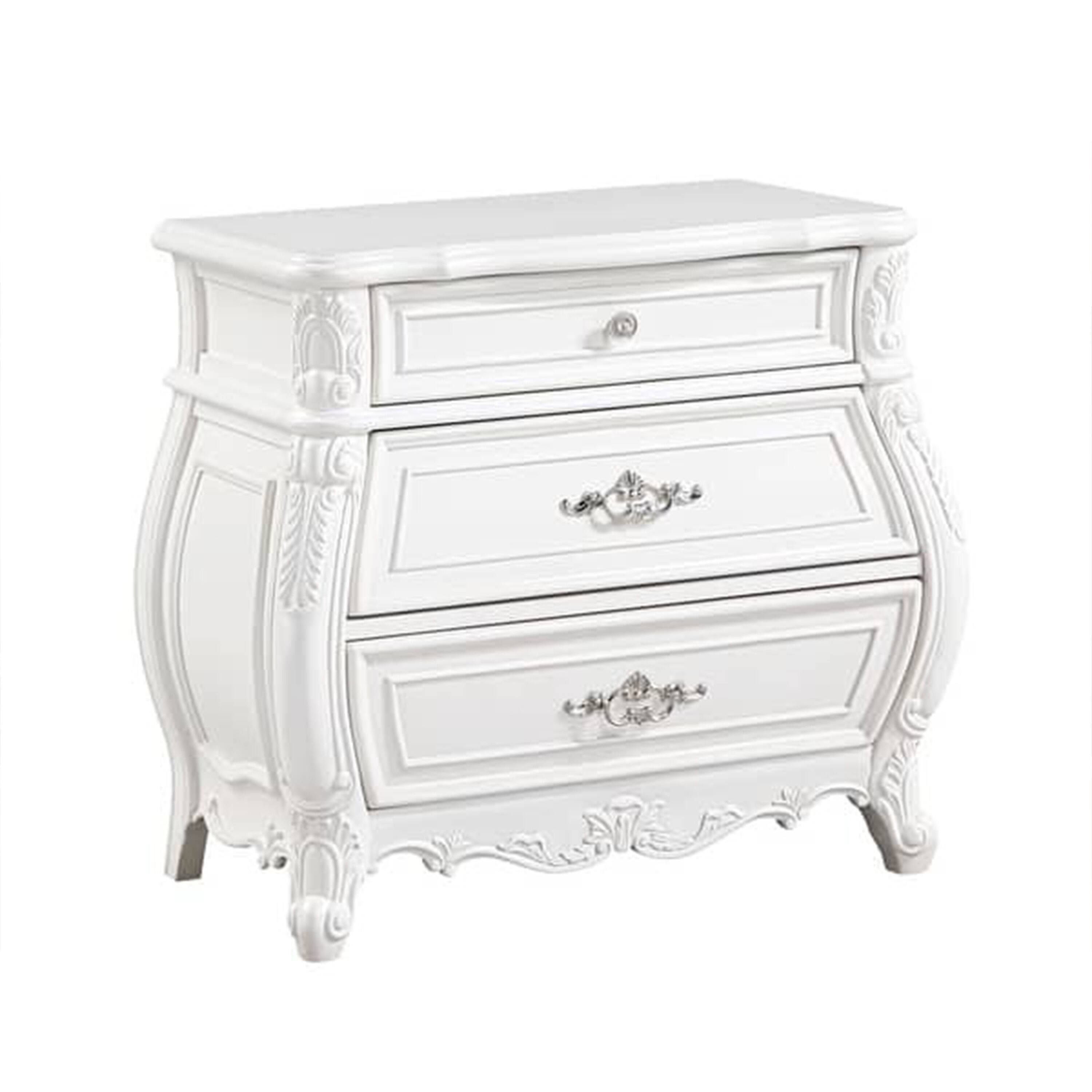 Front. Manhattan Lane - Valena Nightstand, 3 Drawers, White Solid Wood, Metal Handles, 31 Inch - White, Nickel.