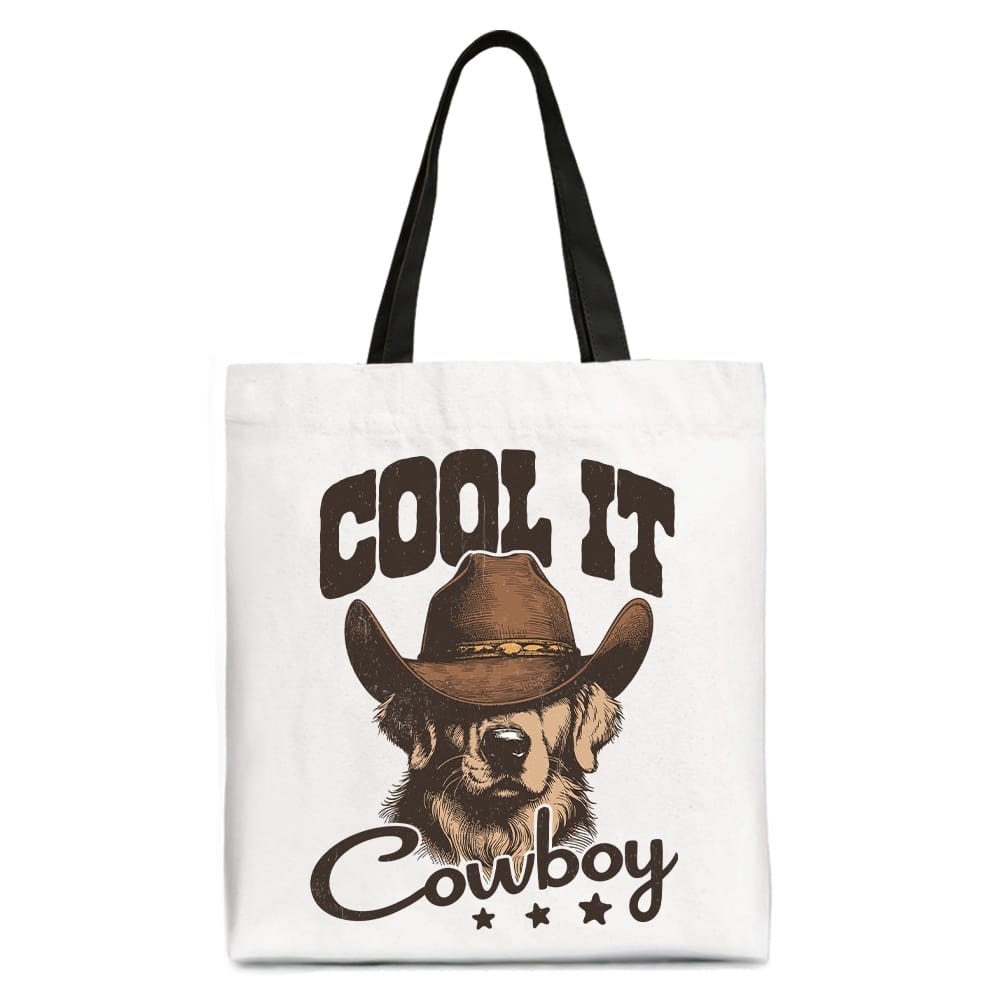 OrnamentallyYou - Cool It Cowboy Canvas Tote Bag With Western Dog, Retro Golden Retriever Gift Shopper for Country Lover - White Black