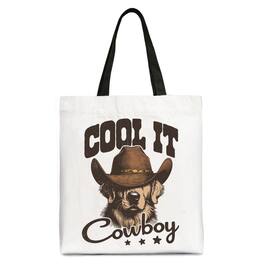 OrnamentallyYou - Cool It Cowboy Canvas Tote Bag With Western Dog, Retro Golden Retriever Gift Shopper for Country Lover - White Black