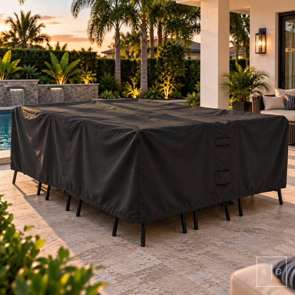 Alt View 1. KHOMO GEAR - Patio Table and Chair Set Cover - Heavy Duty, Water Resistant Outdoor Furniture Cover, Rectangular - 128"L x 82"W x 25"H - Black.