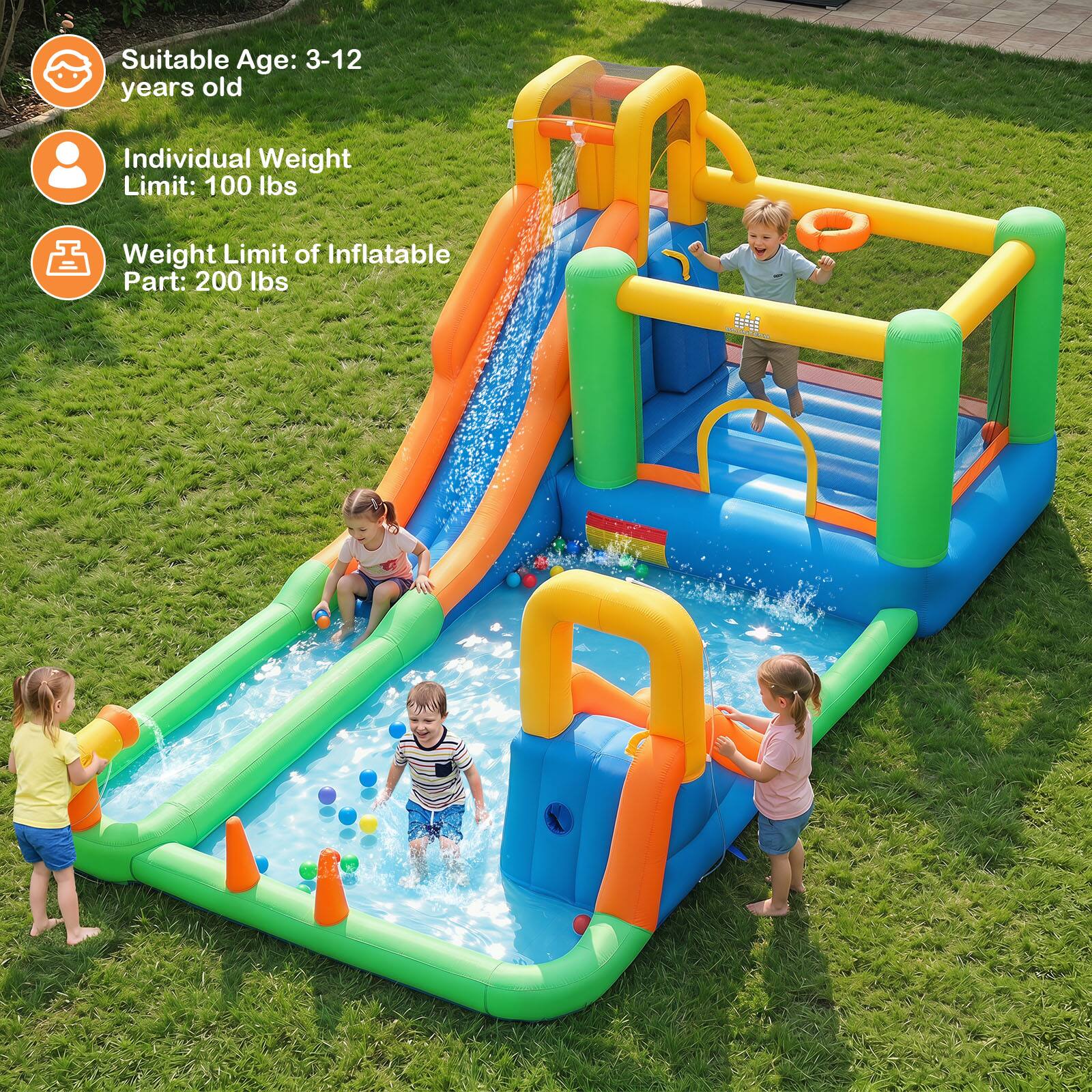 Suitable Age: 3-12 years old  
Individual Weight Limit: 100 lbs  
Weight Limit of Inflatable Part: 200 lbs