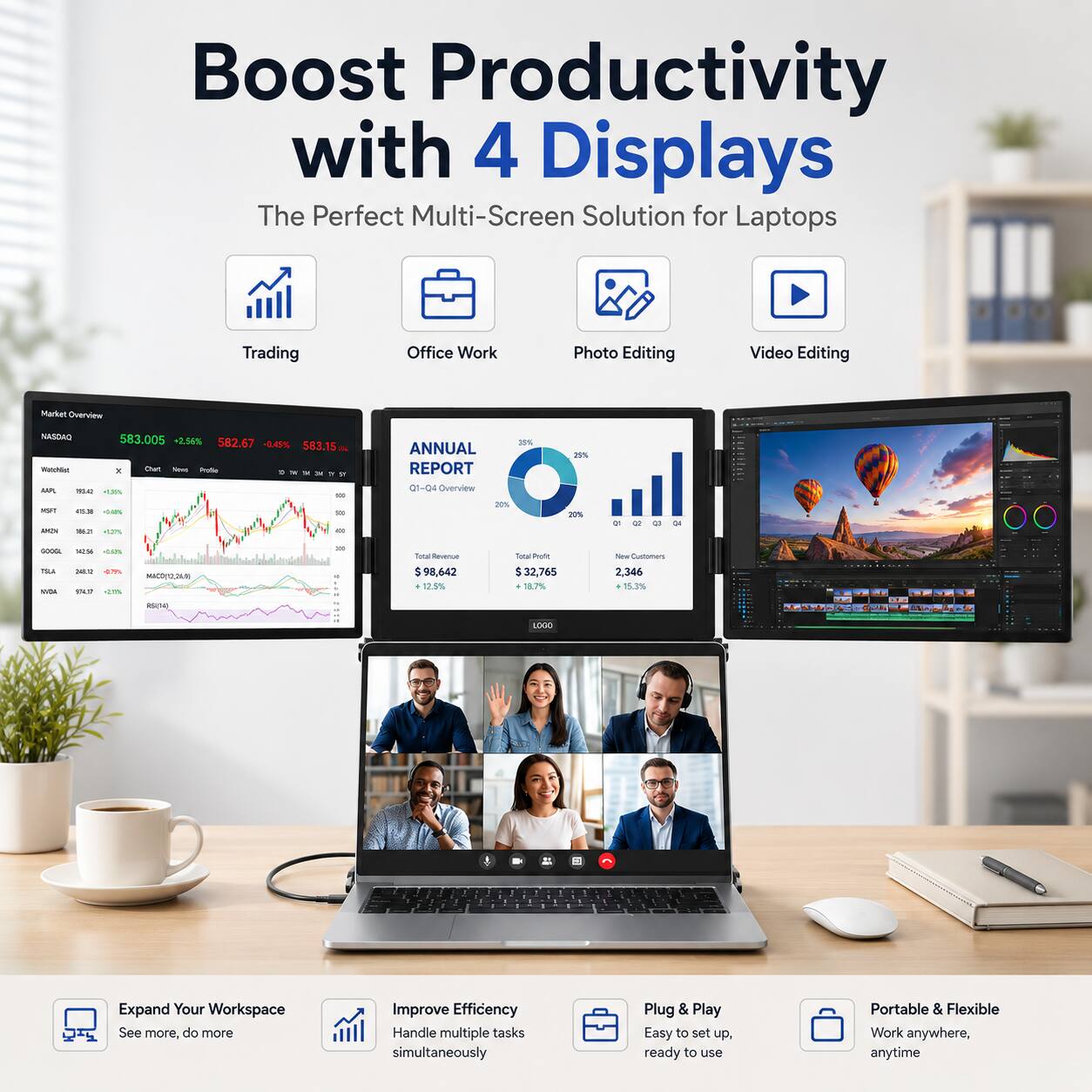 Boost Productivity with 4 Displays  
The Perfect Multi-Screen Solution for Laptops  

Trading  
Office Work  
Photo Editing  
Video Editing  

Market Overview  
NASDAQ  
583.005 -2.56%  
582.67 -41  

ANNUAL REPORT  
Q1-Q4 Overview  
25%  
20%  
10%  

Expand Your Workspace  
See more, do more  

Improve Efficiency  
Handle multiple tasks simultaneously  

Plug & Play  
Easy to set up, ready to use  

Portable & Flexible  
Work anywhere, anytime