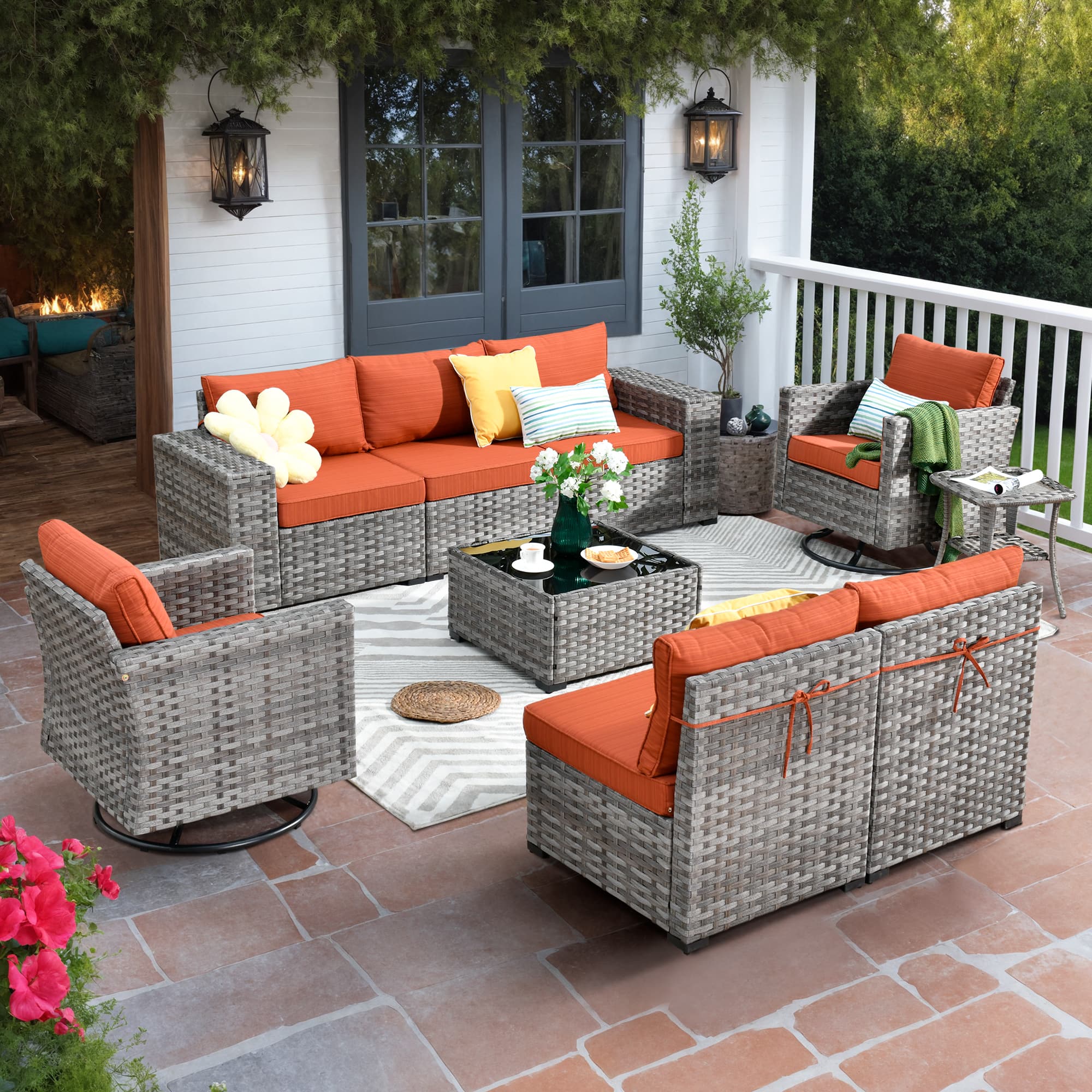 Ovios - 9 PCS Outdoor Patio Furniture Rattan Sectional Sofa Swivel Rocking Chairs with Coffee Table - Orange Red