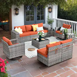 Ovios - 9 PCS Outdoor Patio Furniture Rattan Sectional Sofa Swivel Rocking Chairs with Coffee Table - Orange Red