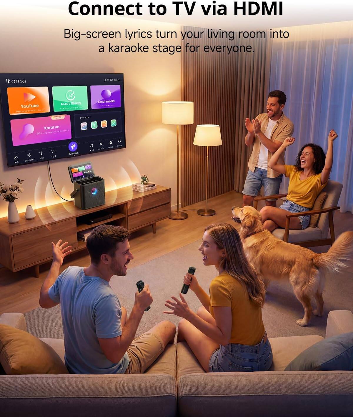 Connect to TV via HDMI  
Big-screen lyrics turn your living room into a karaoke stage for everyone.  

Ikaroo  
YouTube  
Music library  
Local media  

KaraFun 60k  
AUX  
Bluebook  
(gov)  
Cuice THE