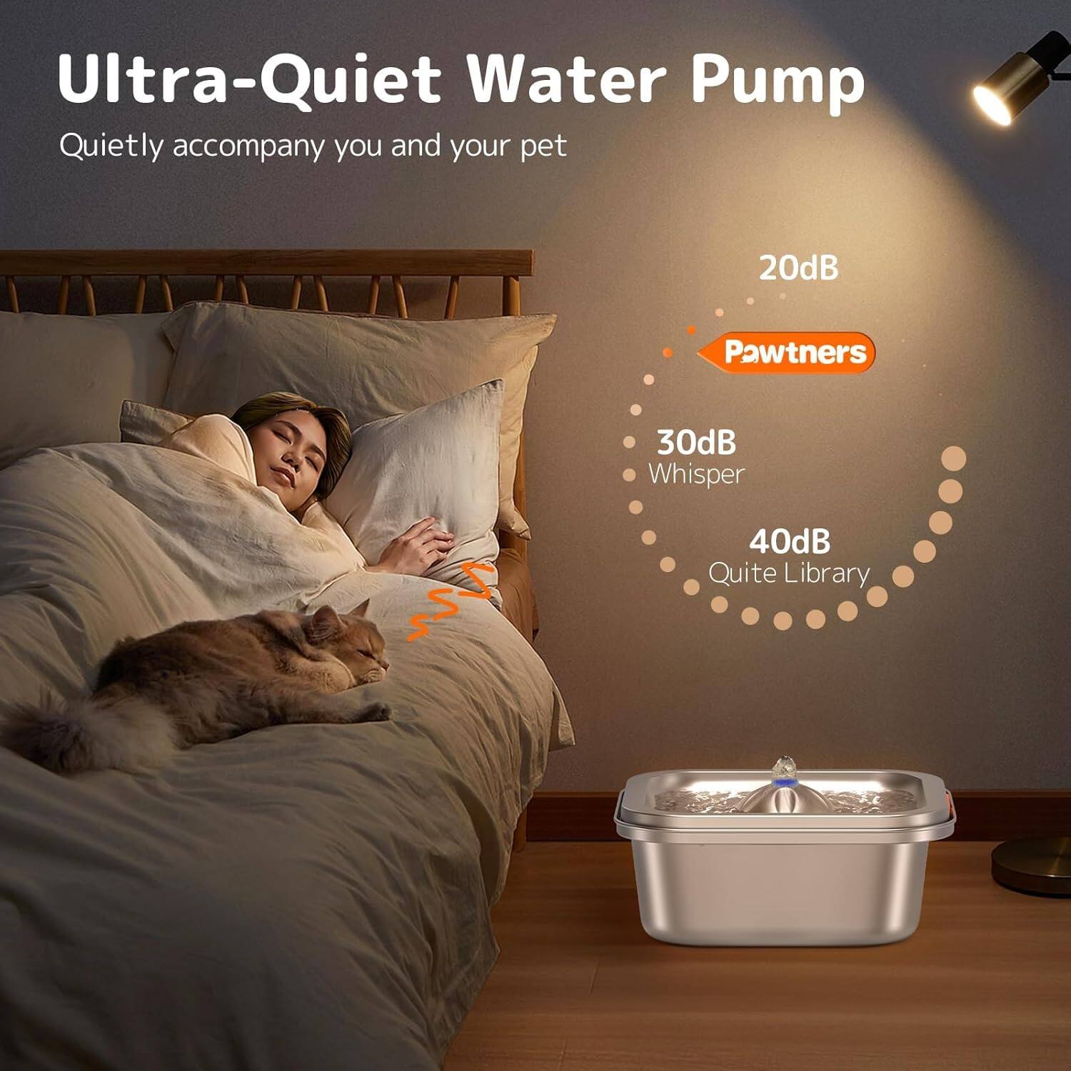 Ultra-Quiet Water Pump  
Quietly accompany you and your pet  

20dB  
Pawtners  

30dB  
Whisper  

40dB  
Quite Library